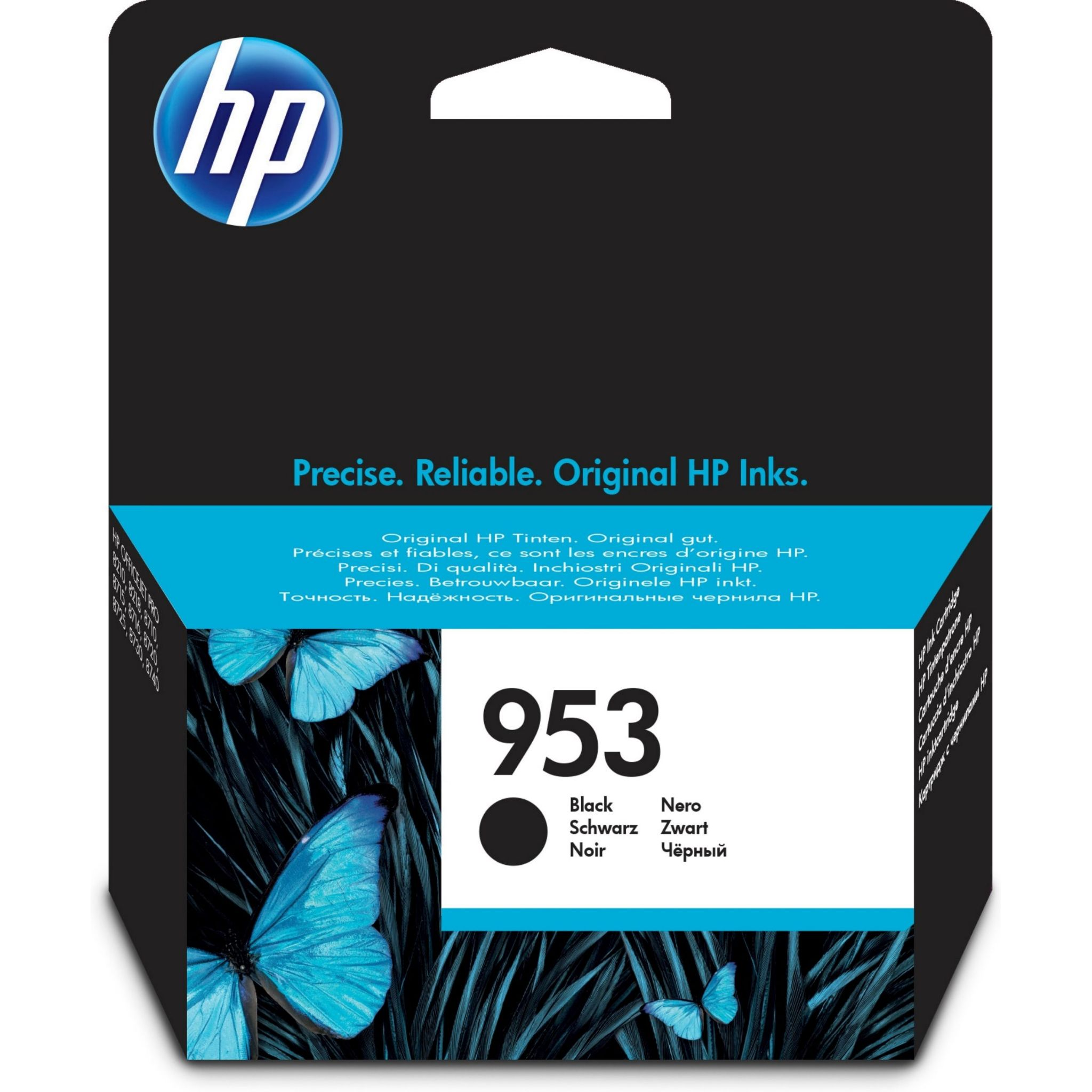 Cartouche d'encre noire HP 953. Encre noire. Emballage noir avec image de papillon bleu.