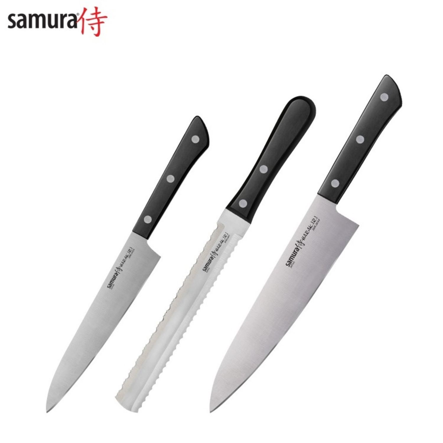 Juego de cuchillos Samura: chef, cuchillo de pan dentado y cuchillo de pelar, todos con mangos negros.