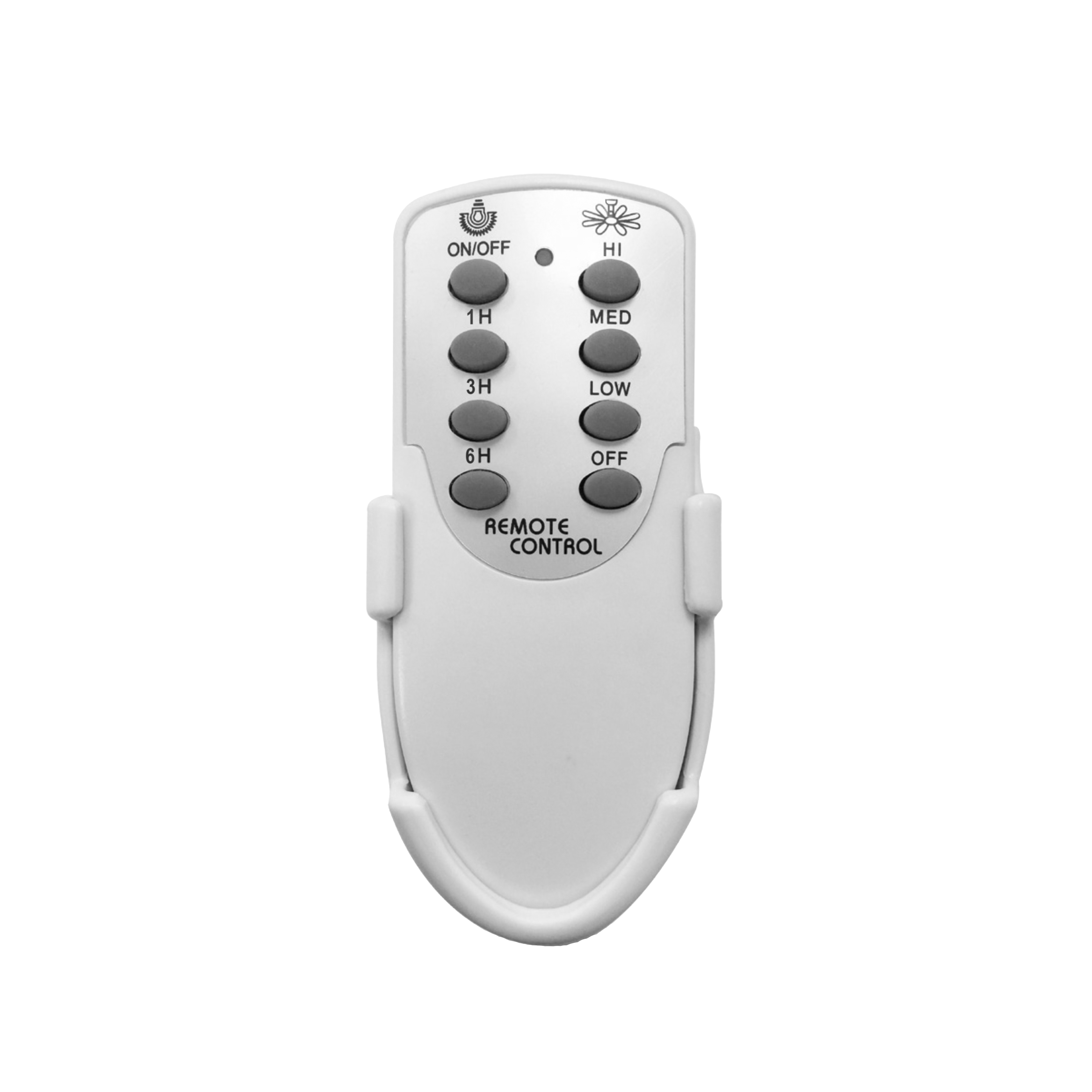 Biały pilot do wentylatora z przyciskami oznaczonymi ON/OFF, 1H, 3H, 6H, HI, MED, LOW, OFF.