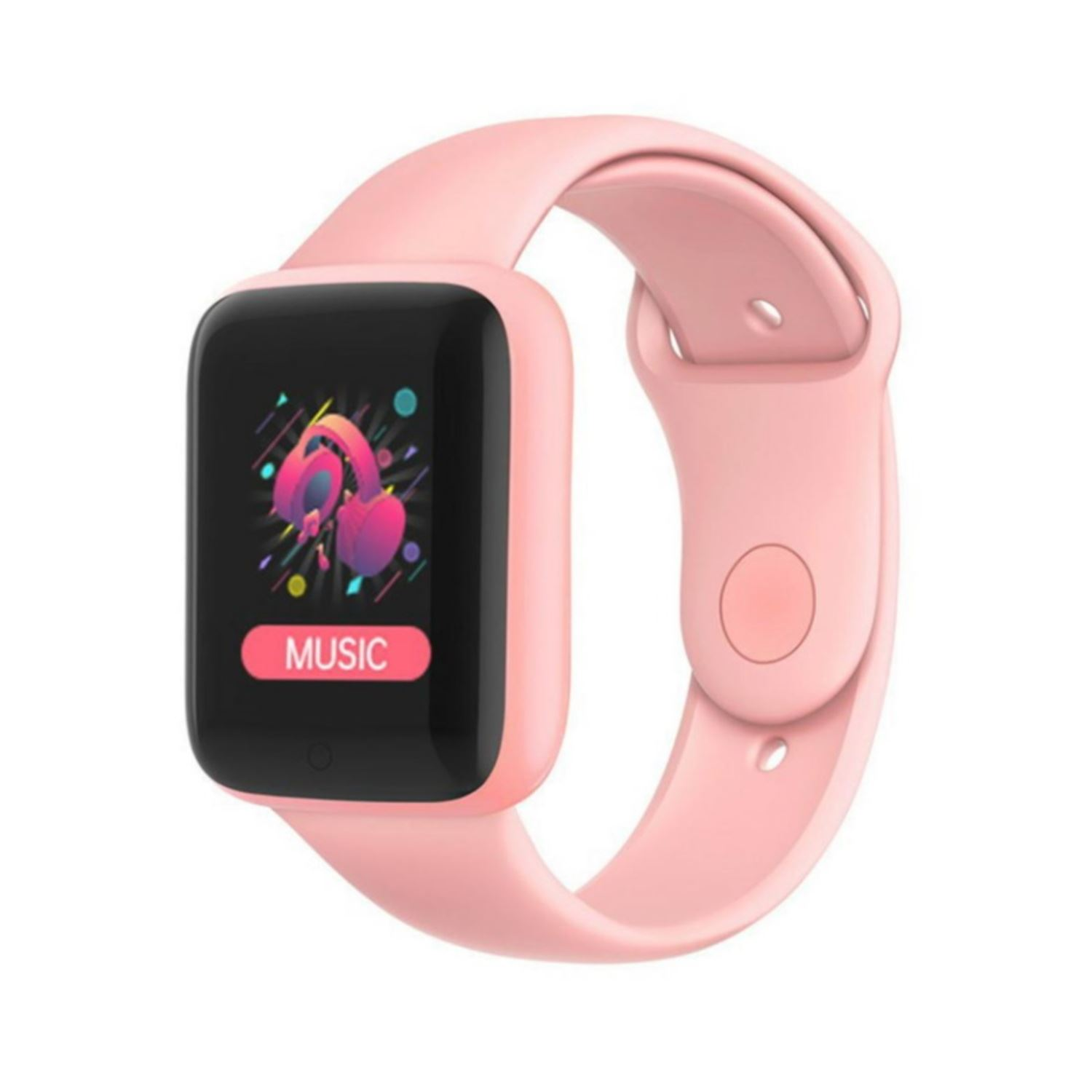Smartwatch rosa su bianco. Icona musicale sullo schermo. Cinturino rosa.