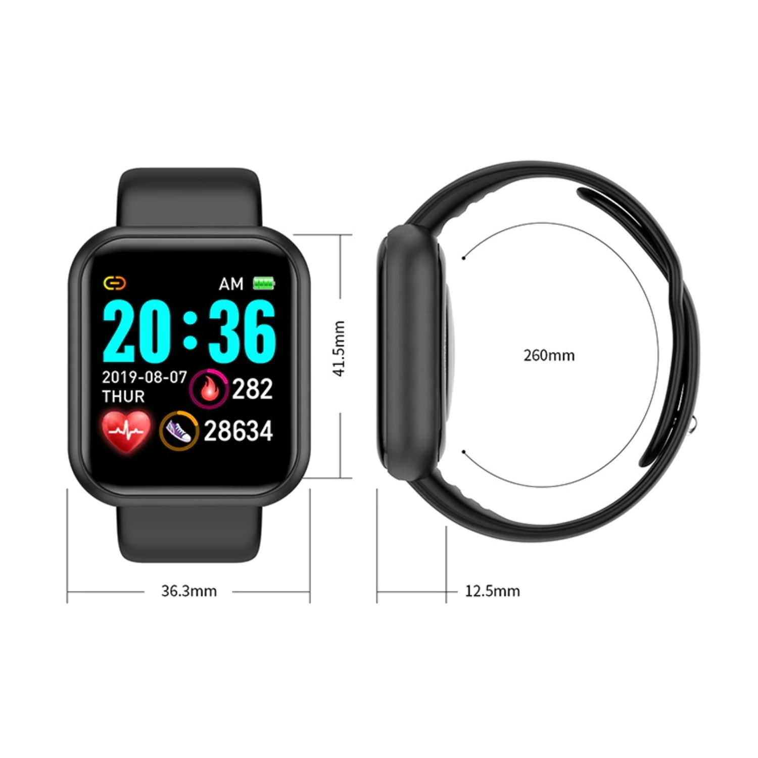 Smartwatch negra con pantalla que muestra hora, frecuencia cardíaca y otros datos.