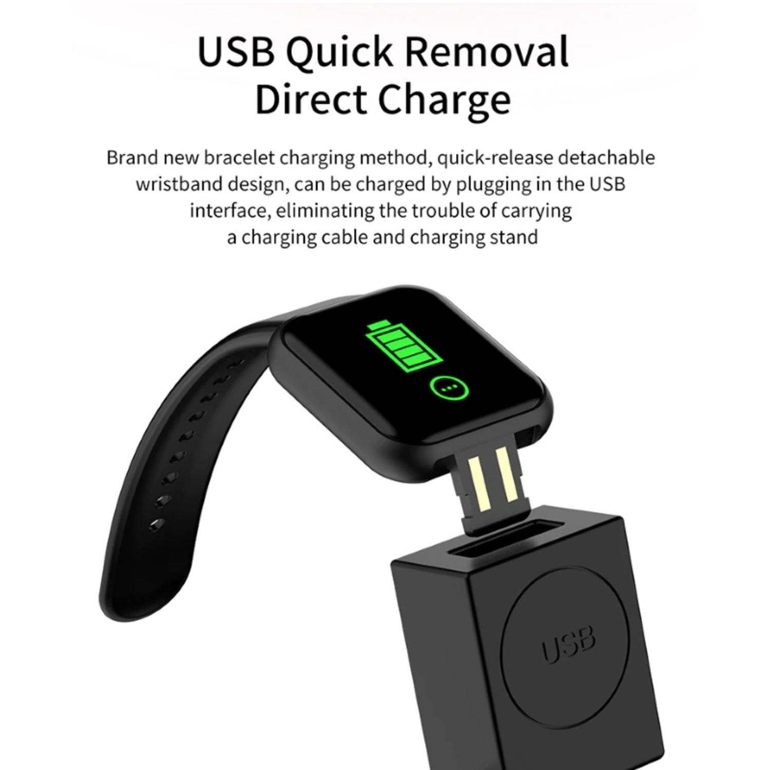 Smartwatch negra con carga USB, el cabezal de carga está enchufado.