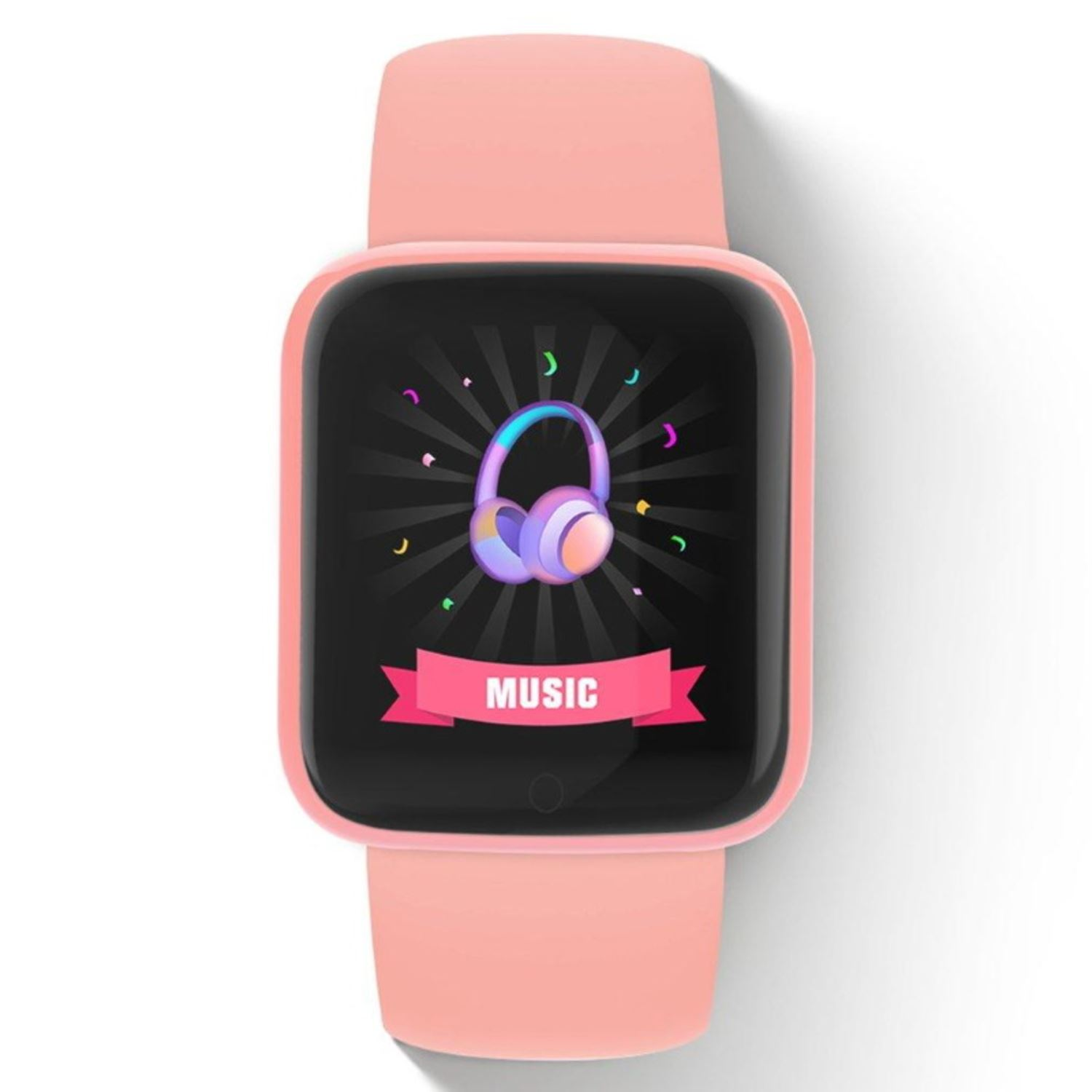 Smartwatch rosa con cinturino rosa. Lo schermo mostra un'icona di cuffie e la parola musica.