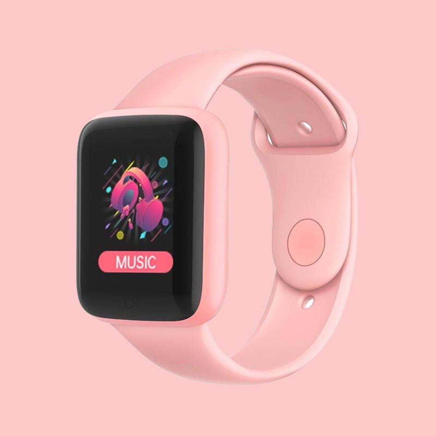 Smartwatch rosa su sfondo rosa. Lo schermo mostra un'icona musicale e la parola 'MUSIC'.