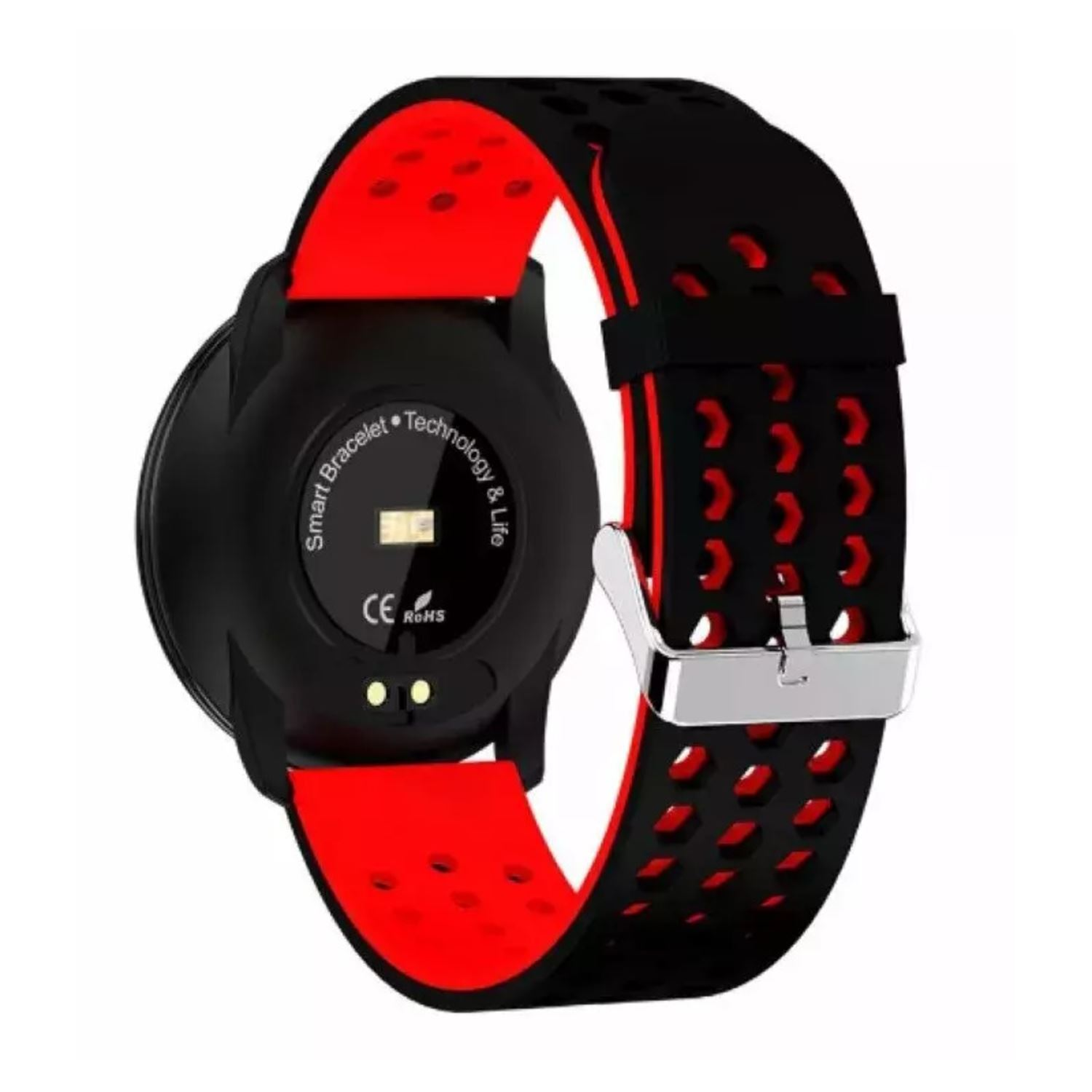 Smartwatch, corpo nero con cinturino rosso. Il retro mostra sensori e punti di ricarica. Fibbia argentata.