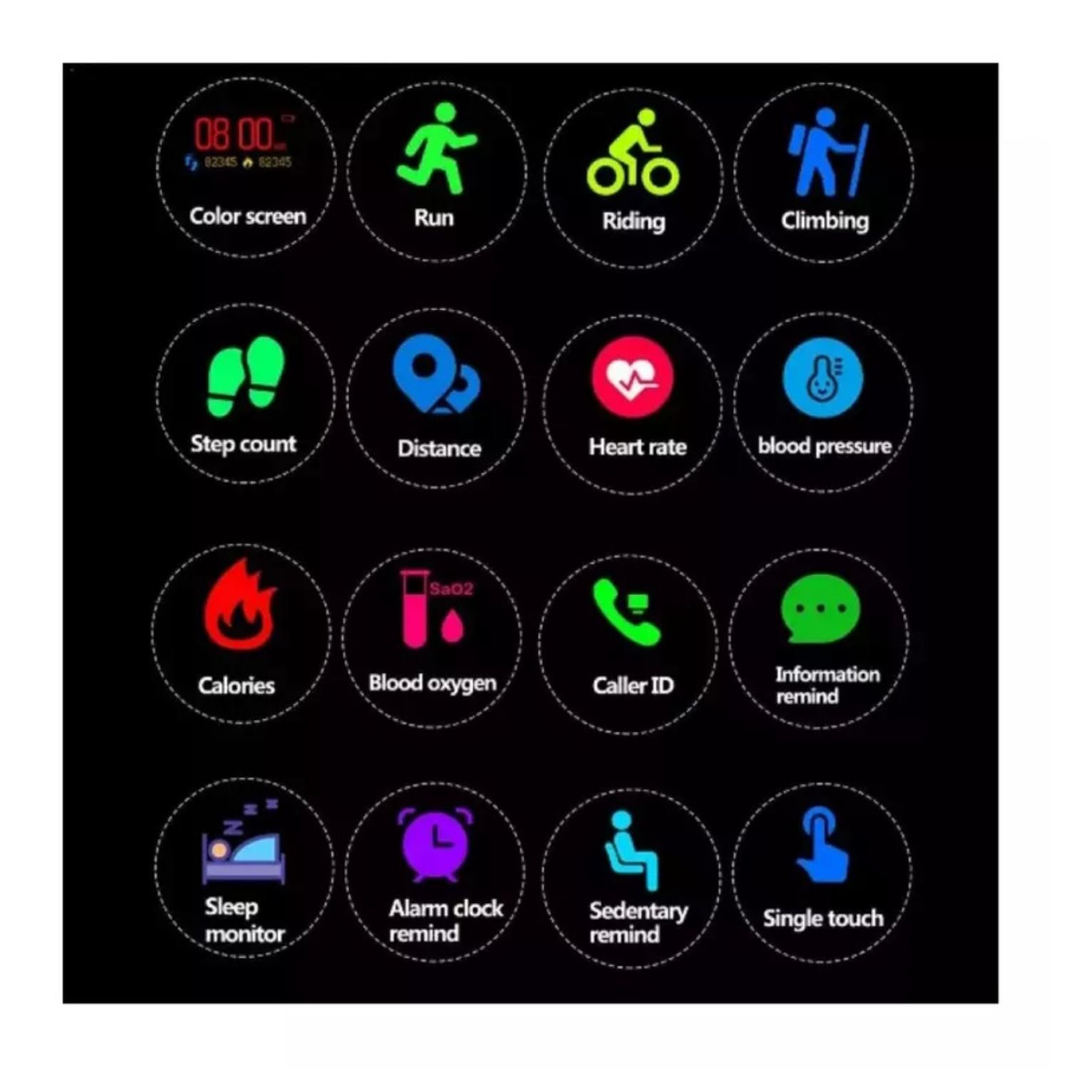 Schermo smartwatch con icone app per monitoraggio salute e attività su sfondo nero.