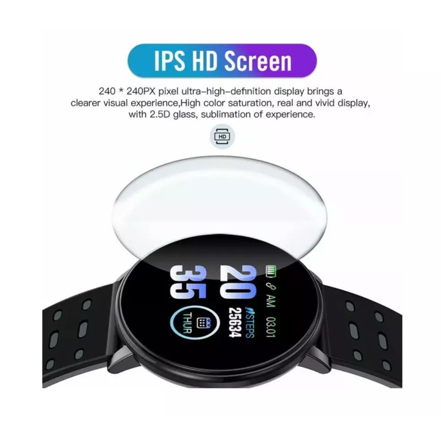 Uno smartwatch nero con display rotondo che mostra ora e passi, con cinturino nero.