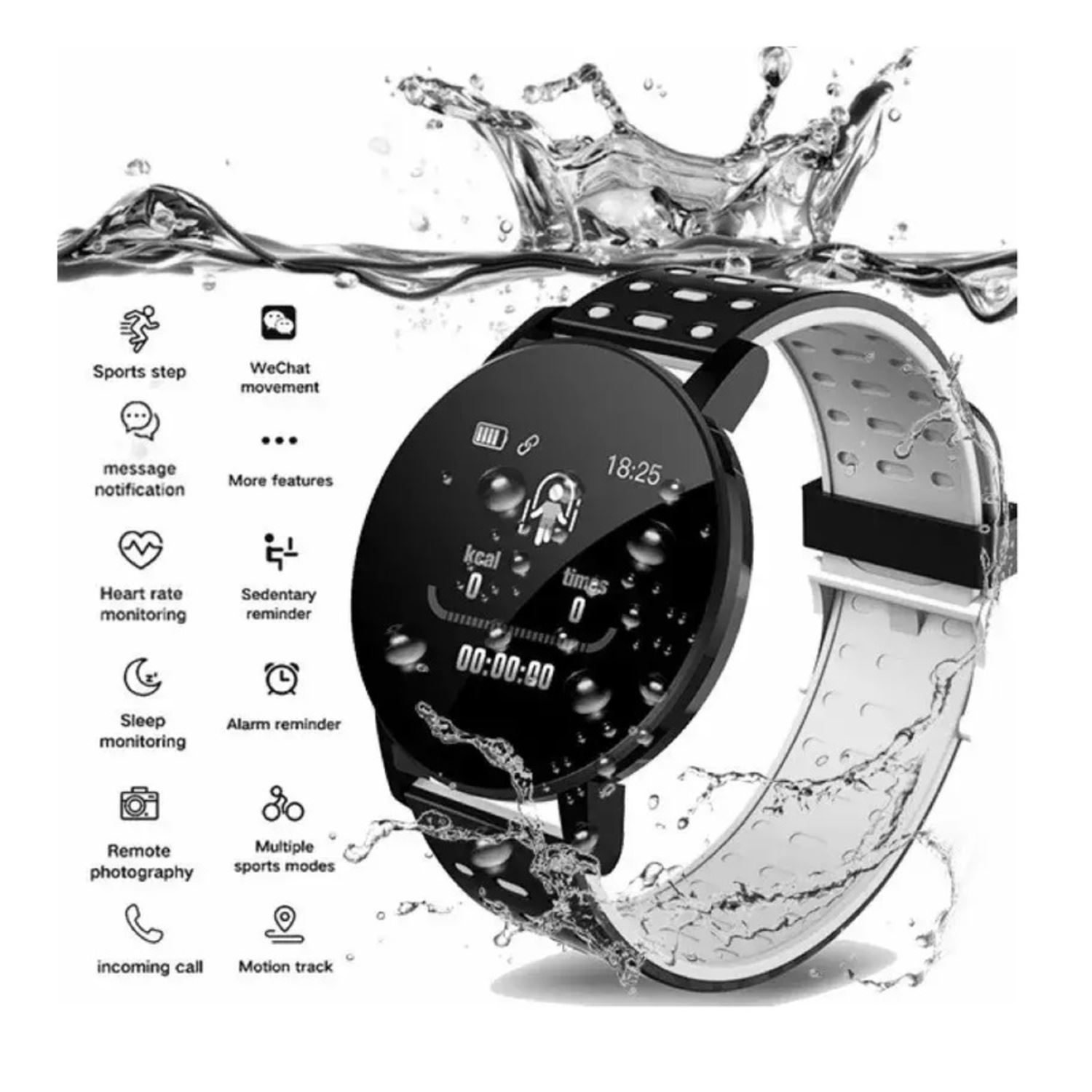 Smartwatch con varie icone, effetto spruzzo d'acqua e cinturino bianco e nero su sfondo bianco.