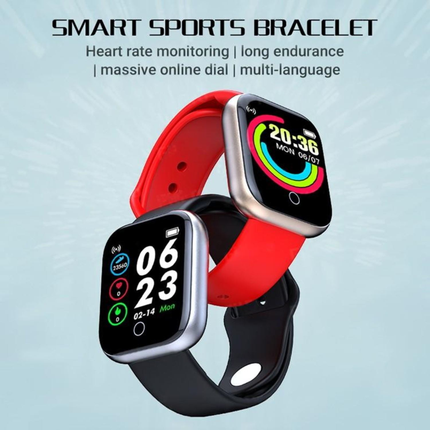 Smartwatch sportivi impilati, uno nero, uno rosso, testo sulle funzioni.