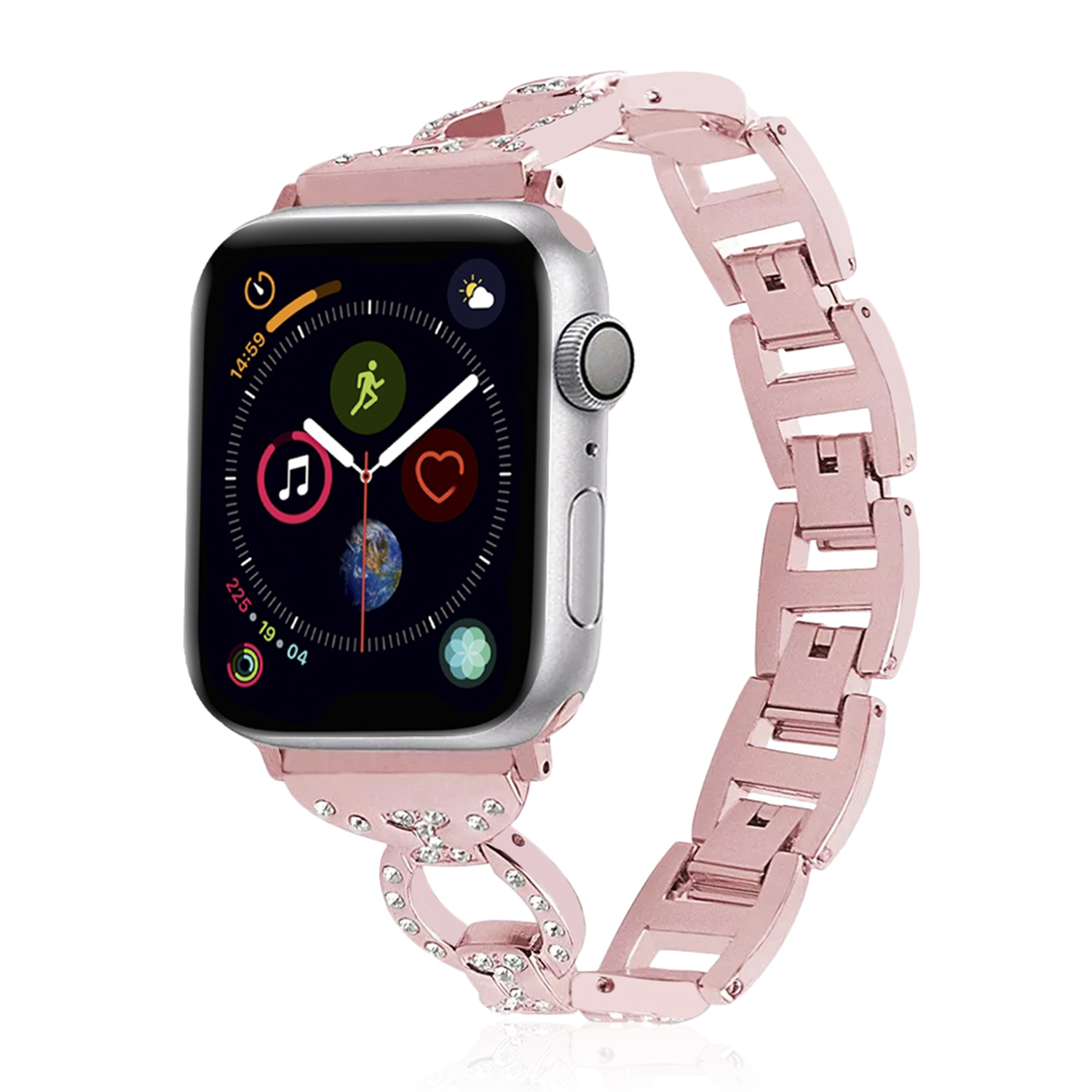 Un orologio rosa con cinturino in metallo rosa, con un quadrante che mostra l'ora e i dati di attività.