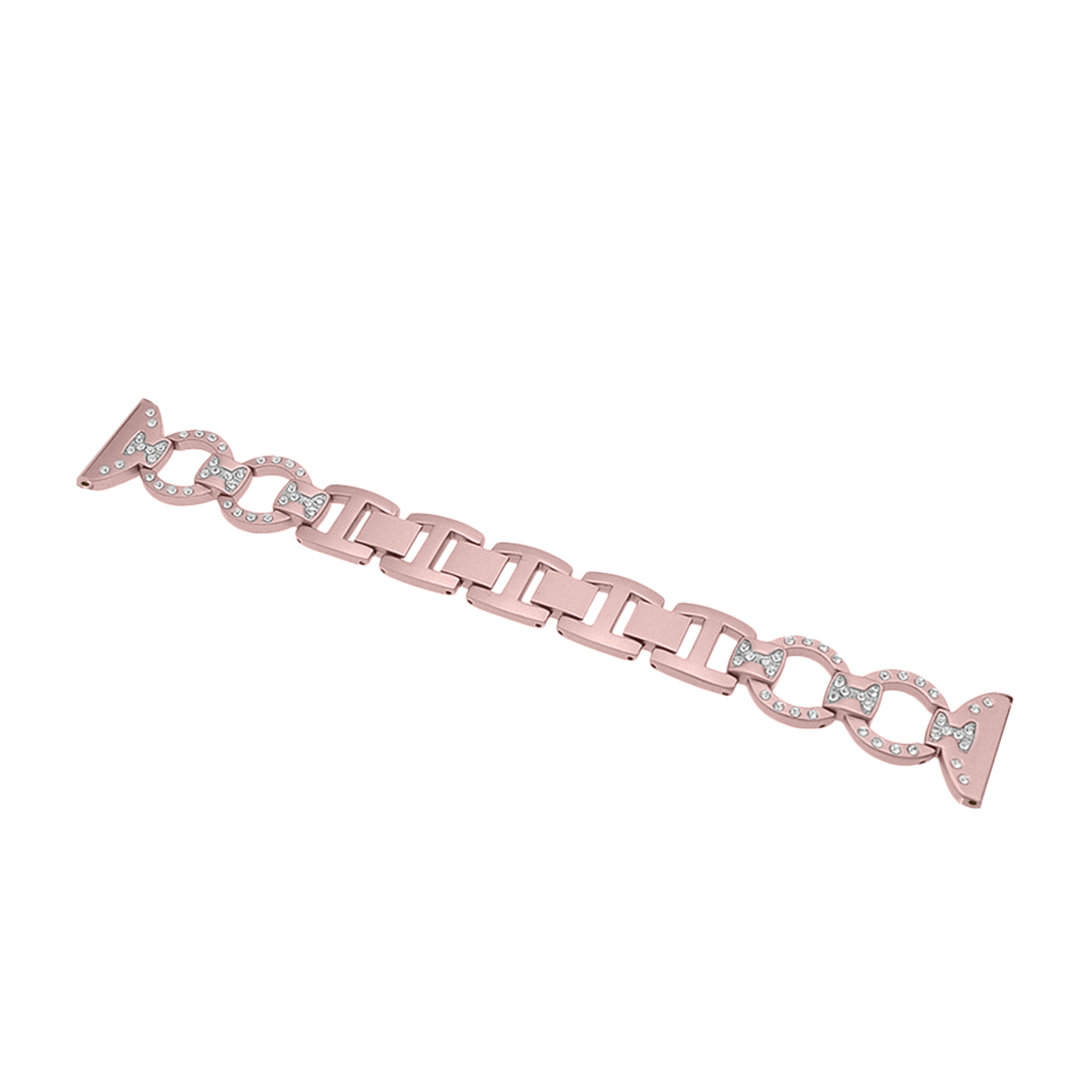 Un cinturino per orologio in oro rosa con maglie collegate. Ogni maglia è ornata da piccoli cristalli trasparenti.