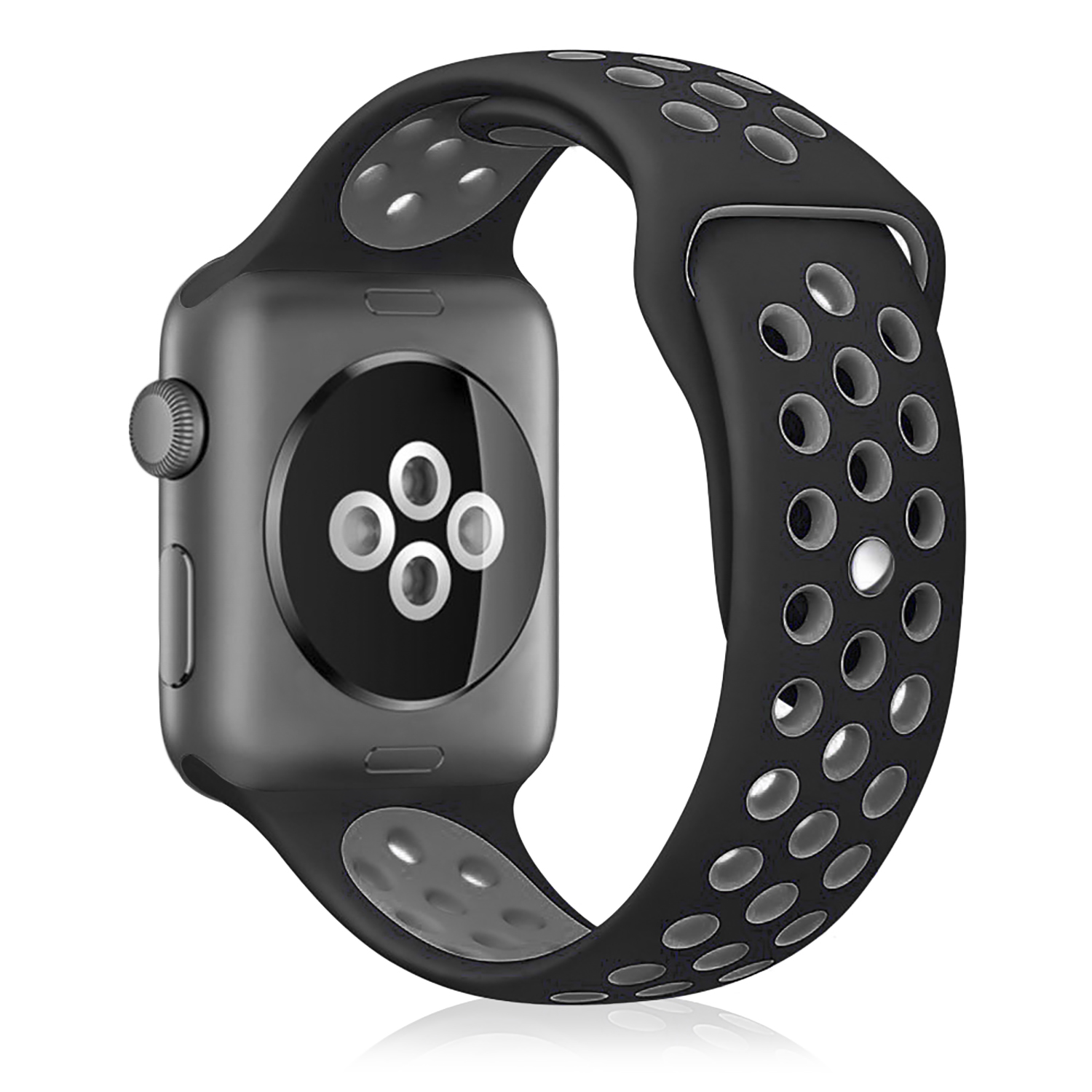 Apple Watch nera con cinturino sportivo nero e grigio su sfondo bianco.