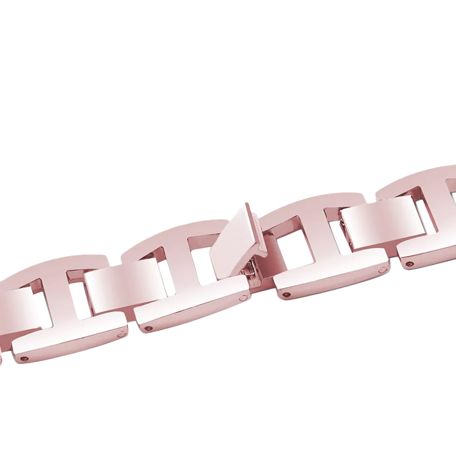 Un cinturino per orologio color oro rosa con chiusura, primo piano su sfondo bianco.