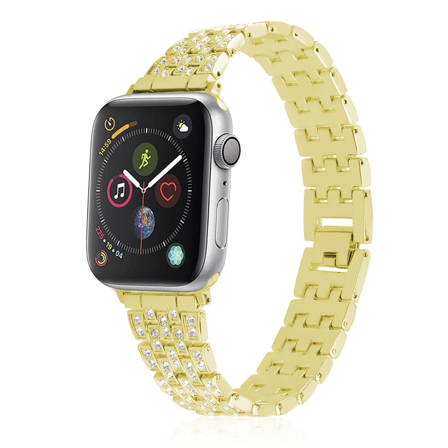 Apple Watch su una superficie bianca con bracciale a maglie dorate. L'orologio mostra informazioni sullo schermo.