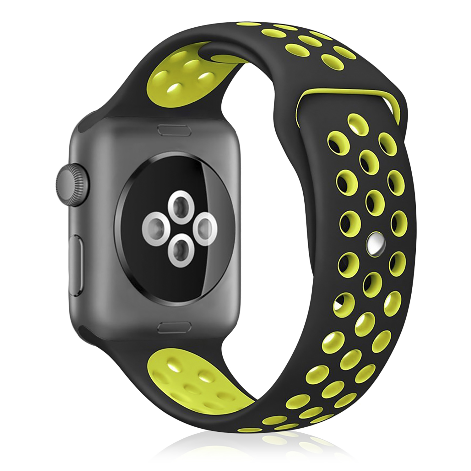Un Apple Watch con cinturino nero e verde neon su sfondo bianco.