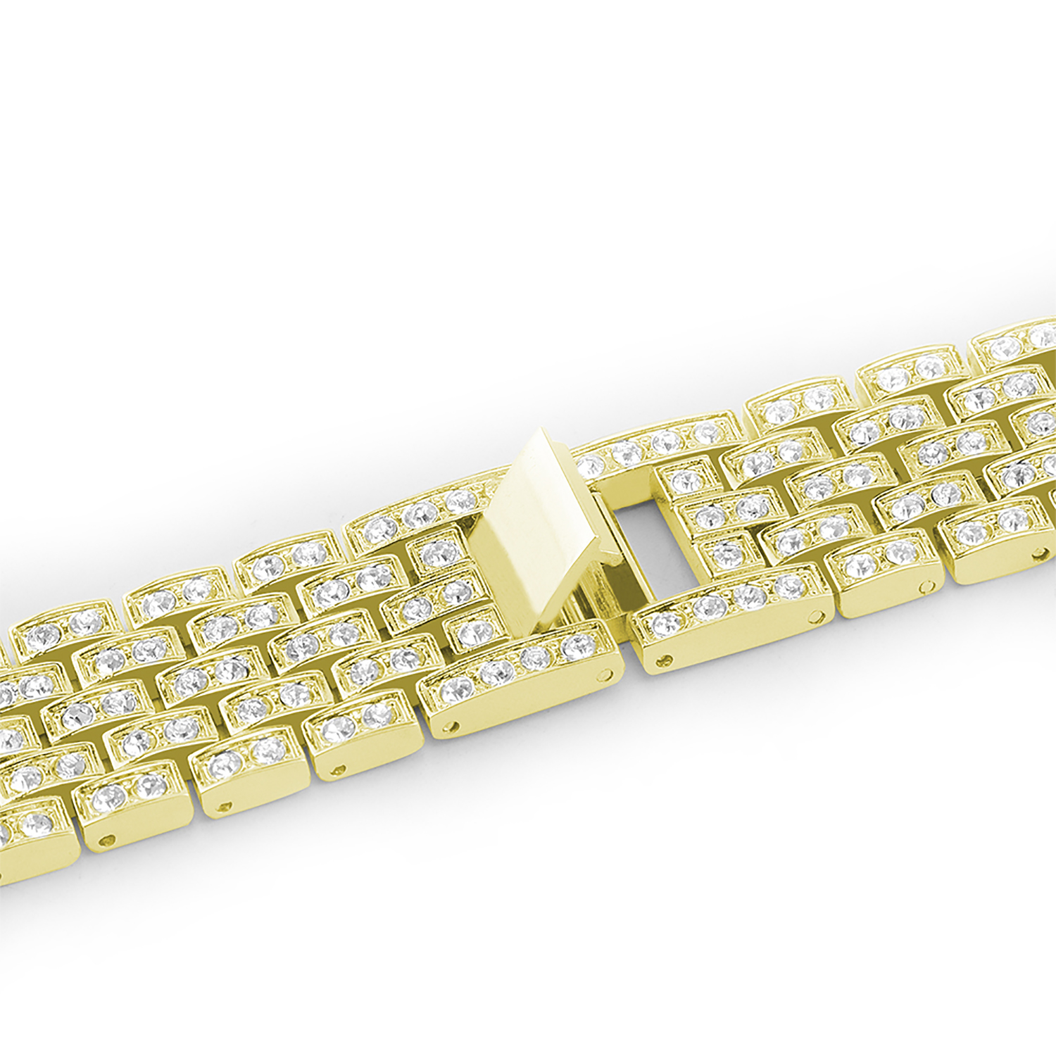 Cinturino dorato con pietre simili a diamanti. Mostra la chiusura e il dettaglio delle maglie.