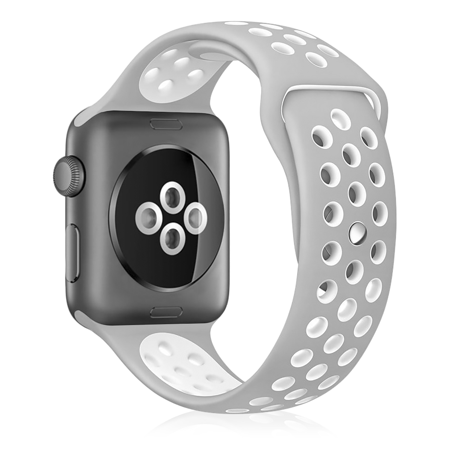 Un Apple Watch grigio con un cinturino grigio e bianco. Il cinturino è perforato.