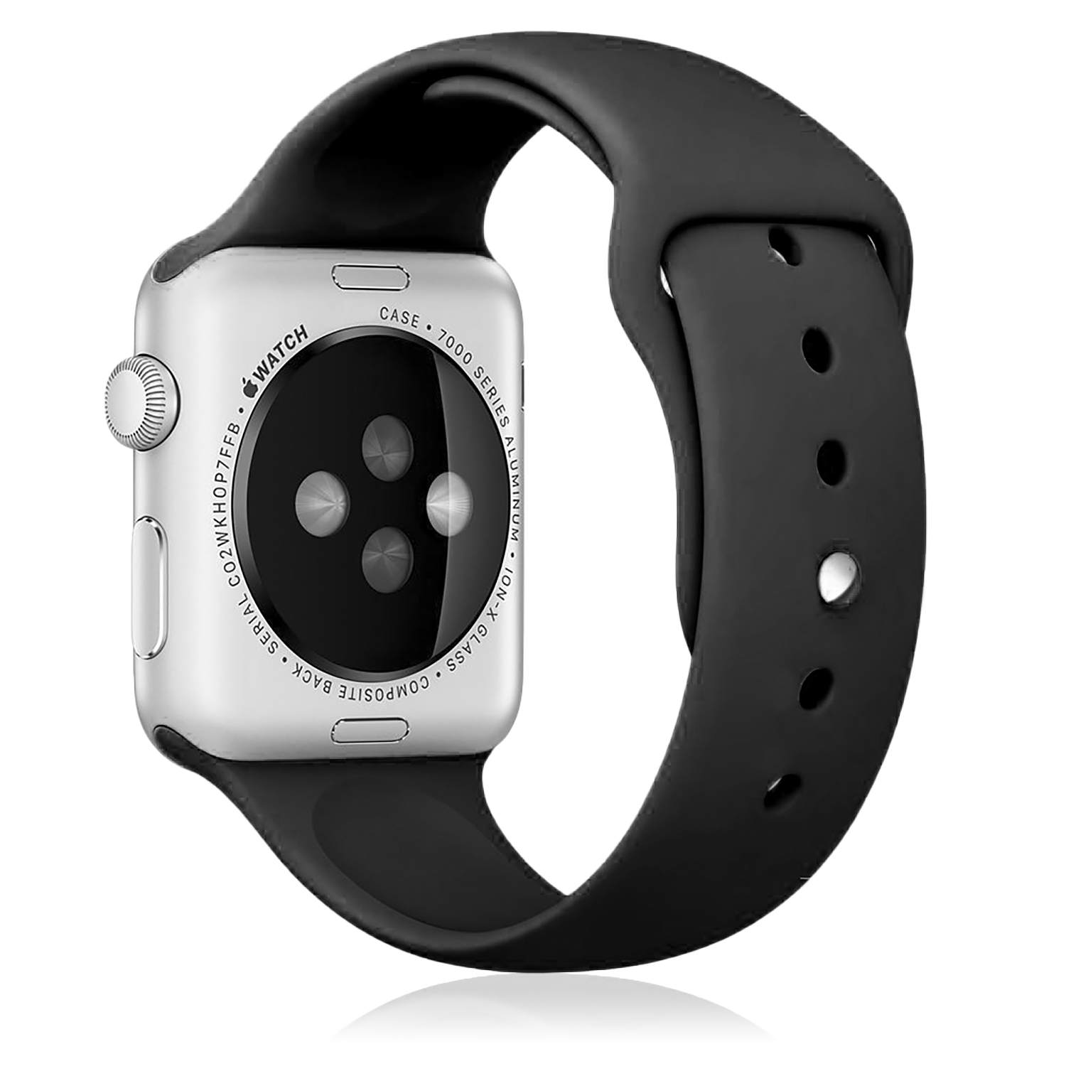 Apple Watch argento con cinturino nero. Il retro mostra il marchio e i dettagli dell'orologio. Sfondo bianco.