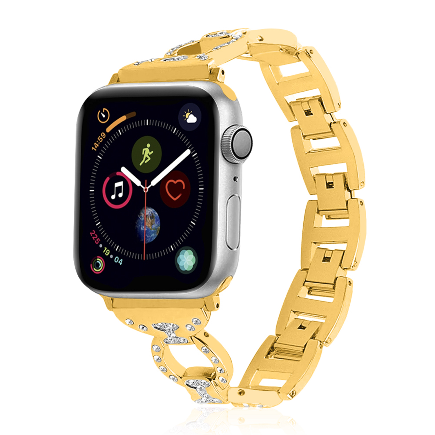 Un Apple Watch dorato con un cinturino in stile bracciale dorato, su sfondo bianco.