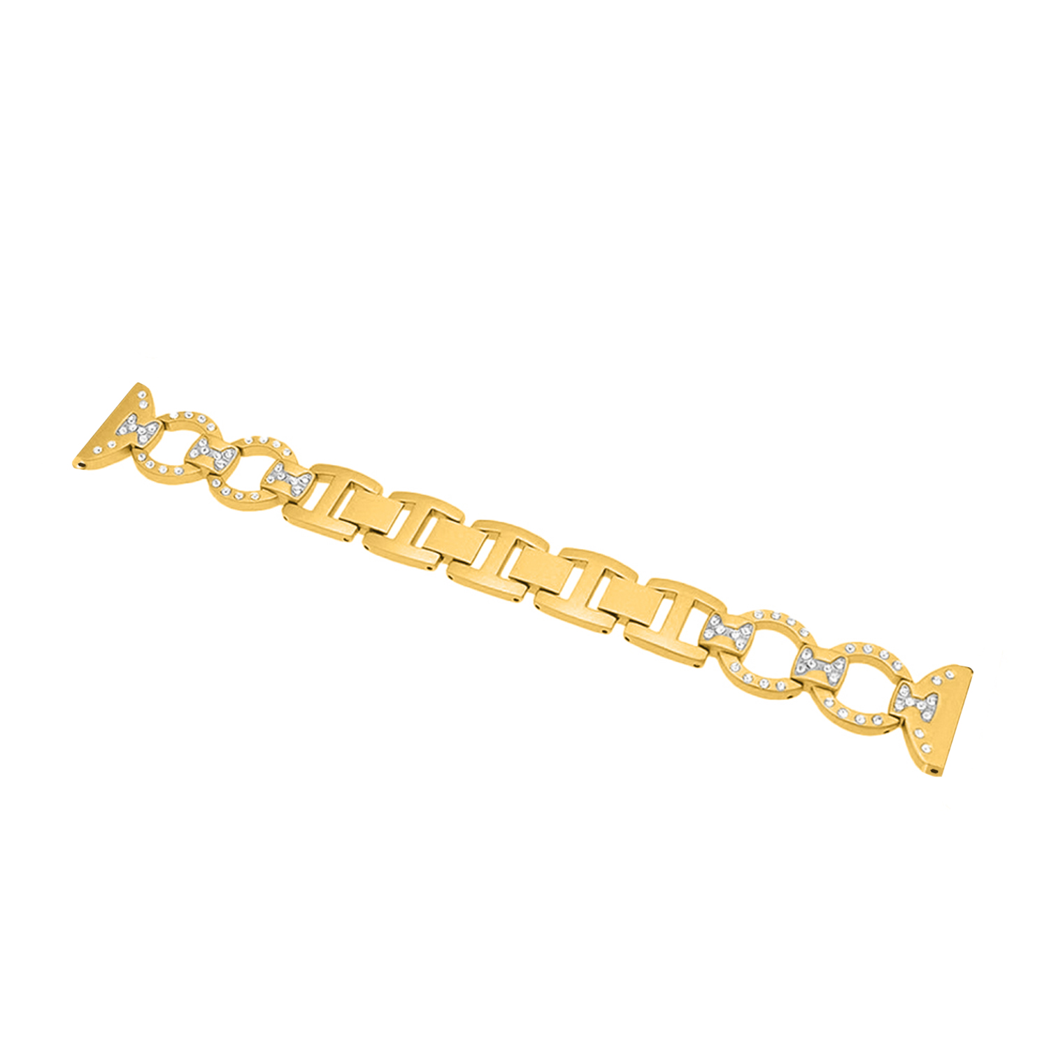Cinturino dorato con maglie decorative e gemme trasparenti, su sfondo bianco.