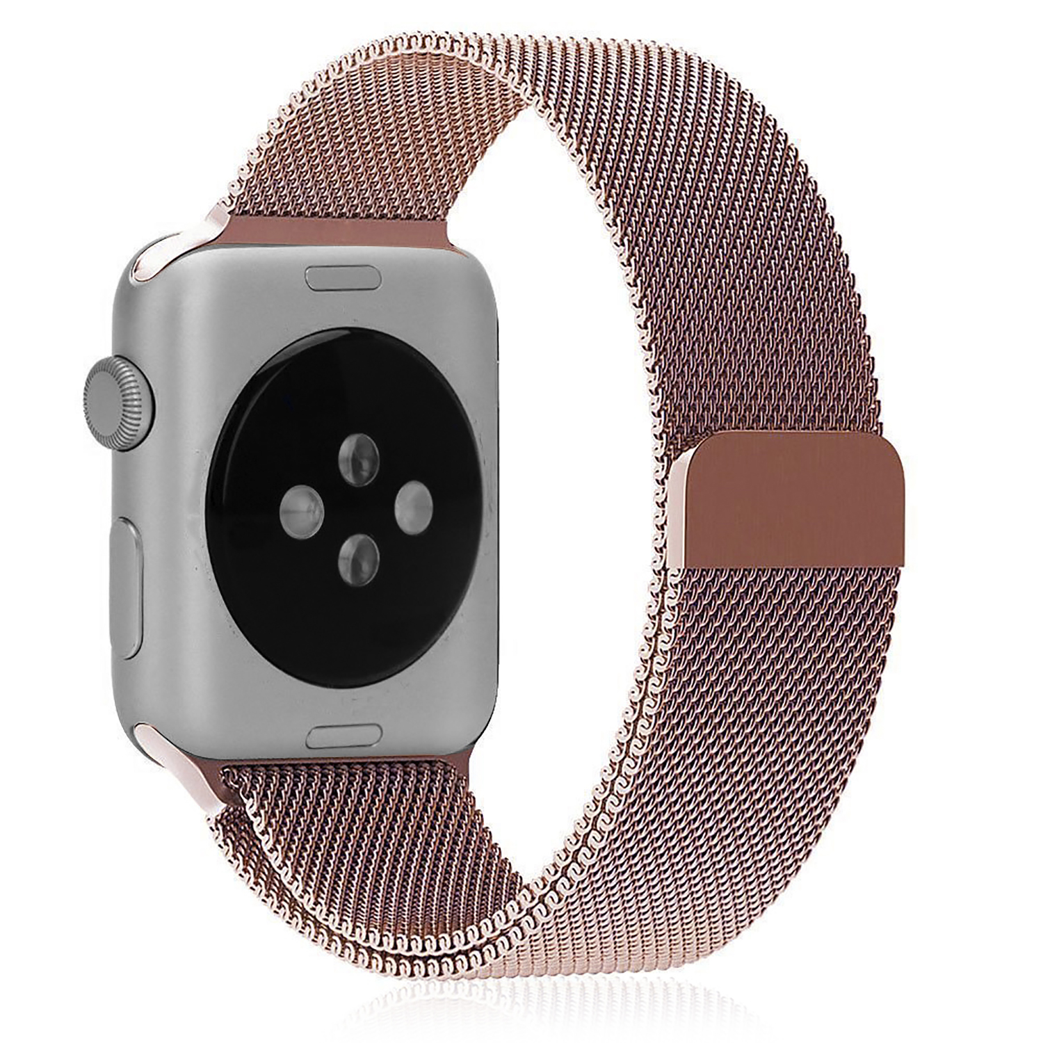 Apple Watch con cinturino in maglia color oro rosa su sfondo bianco.