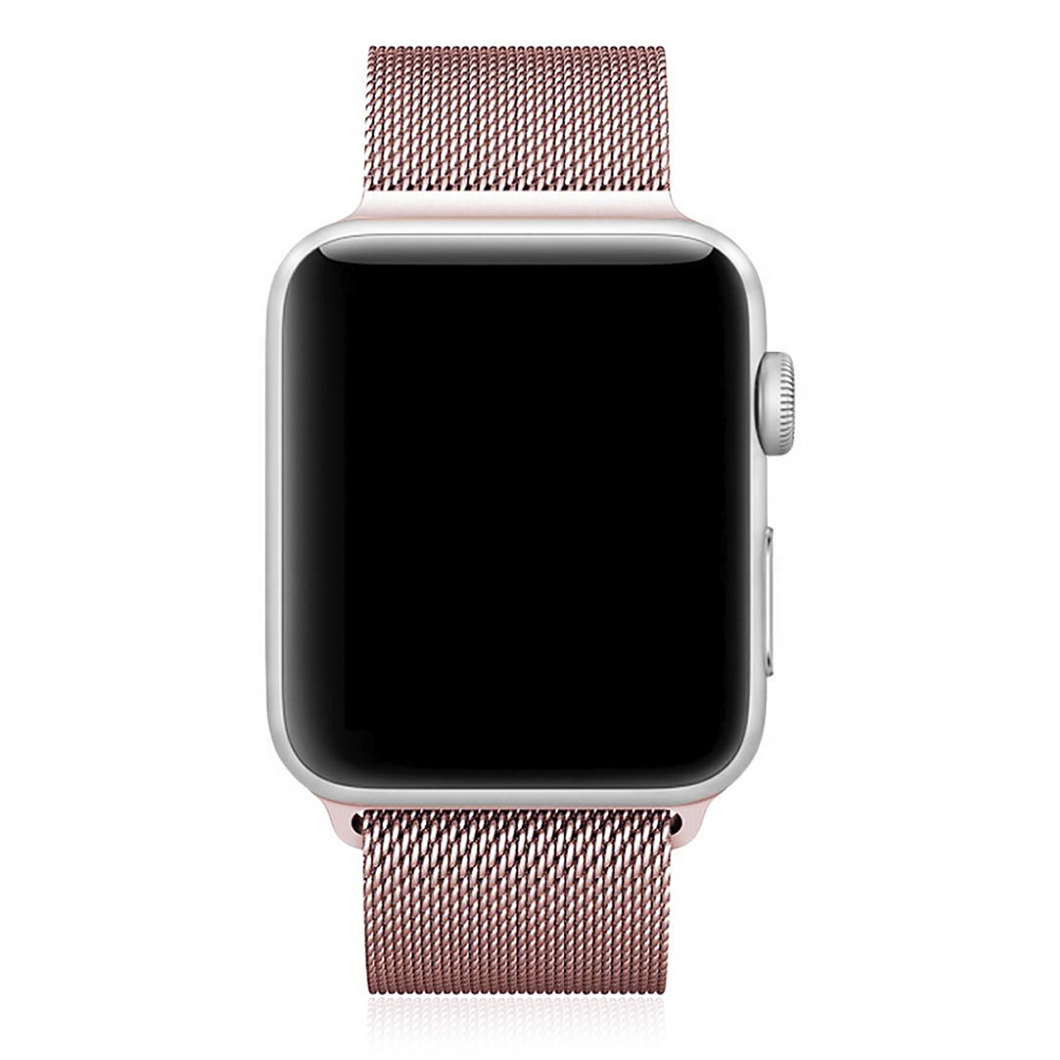 Apple Watch con cinturino in metallo rosa. Schermo nero, cinturino oro rosa con maglie metalliche.
