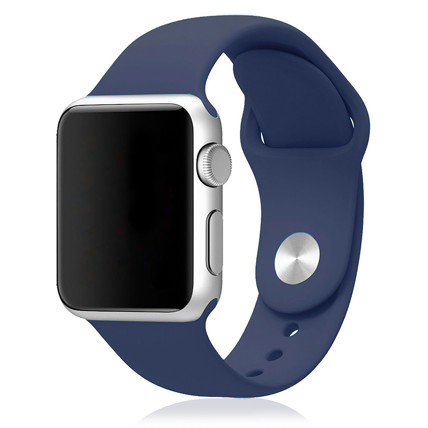 Apple Watch con cinturino sportivo blu navy. L'orologio è su una superficie bianca.