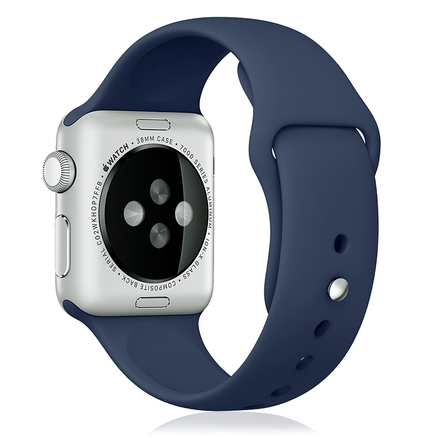 Un orologio argentato con cinturino blu navy, con il retro dell'orologio visibile.