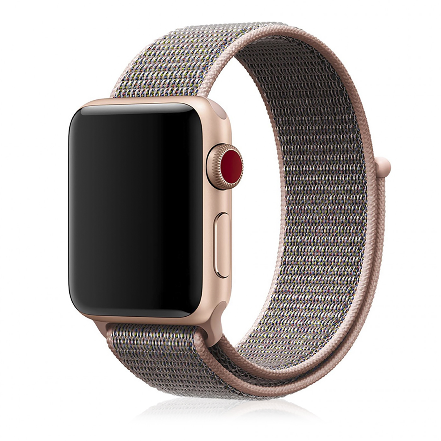Apple Watch con cinturino sportivo rosa. L'orologio è dorato, il cinturino è rosa e grigio.