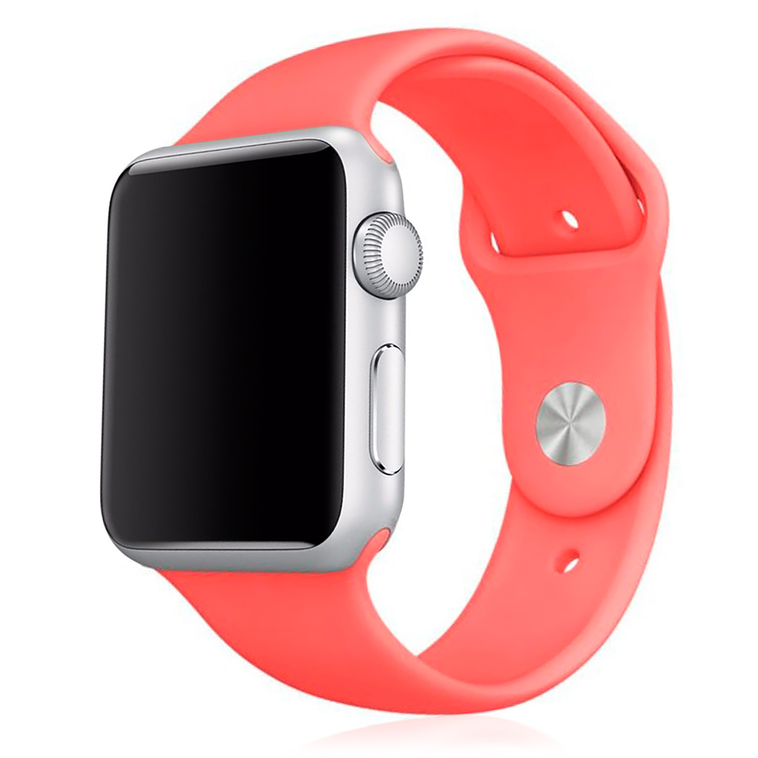 Apple Watch argentato con cinturino rosa. Il quadrante è nero e il cinturino è rosa pieno.