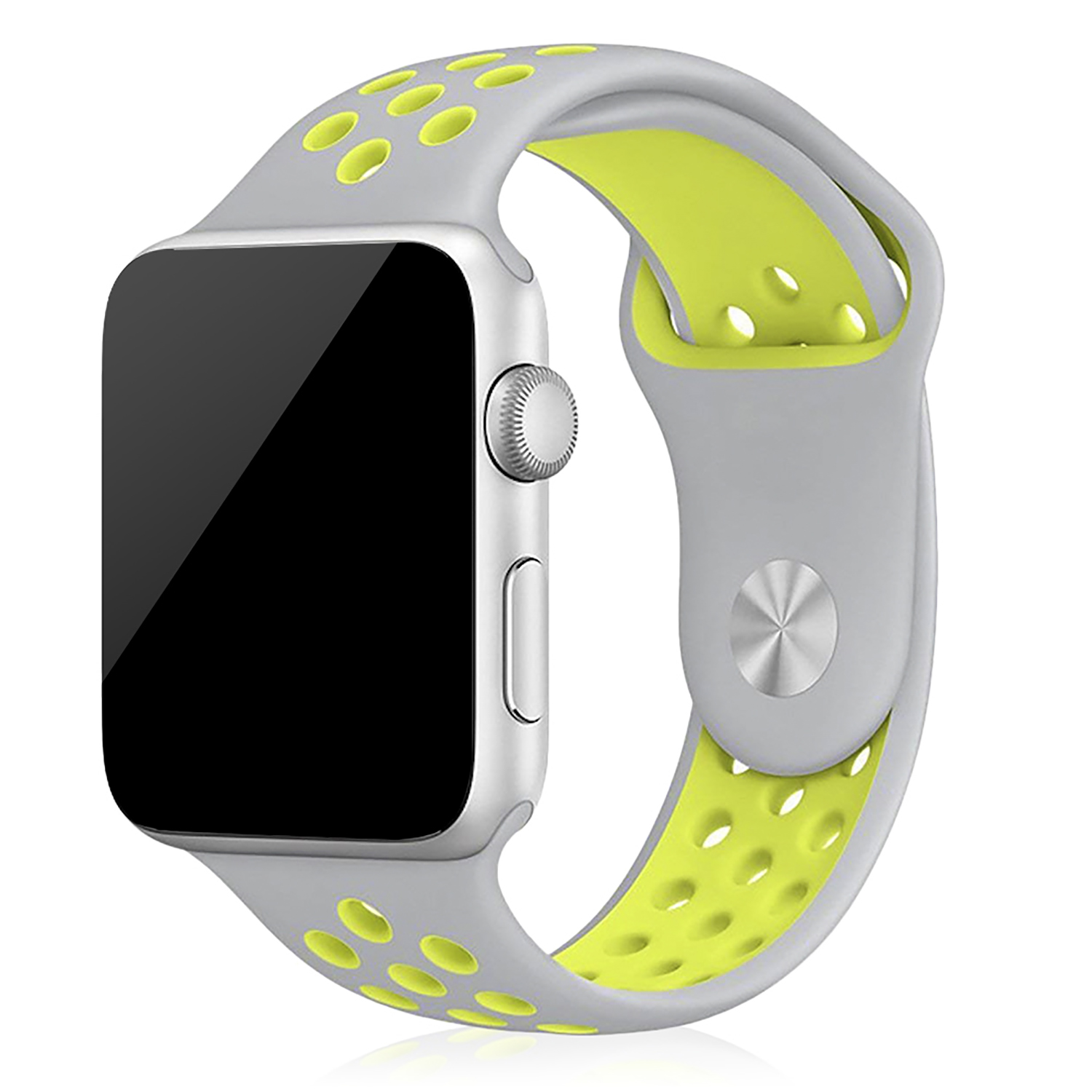 Apple Watch argentato con cinturino grigio e verde lime su sfondo bianco.