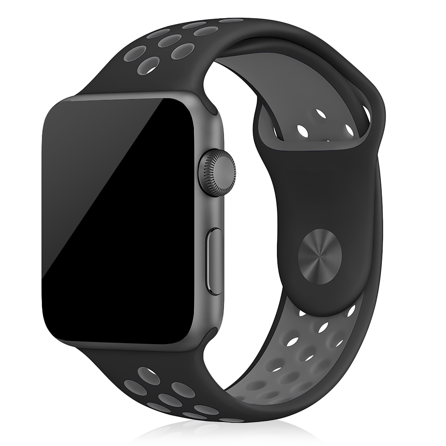 Uno smartwatch nero con cinturino nero, che mostra un orologio digitale, su sfondo bianco.