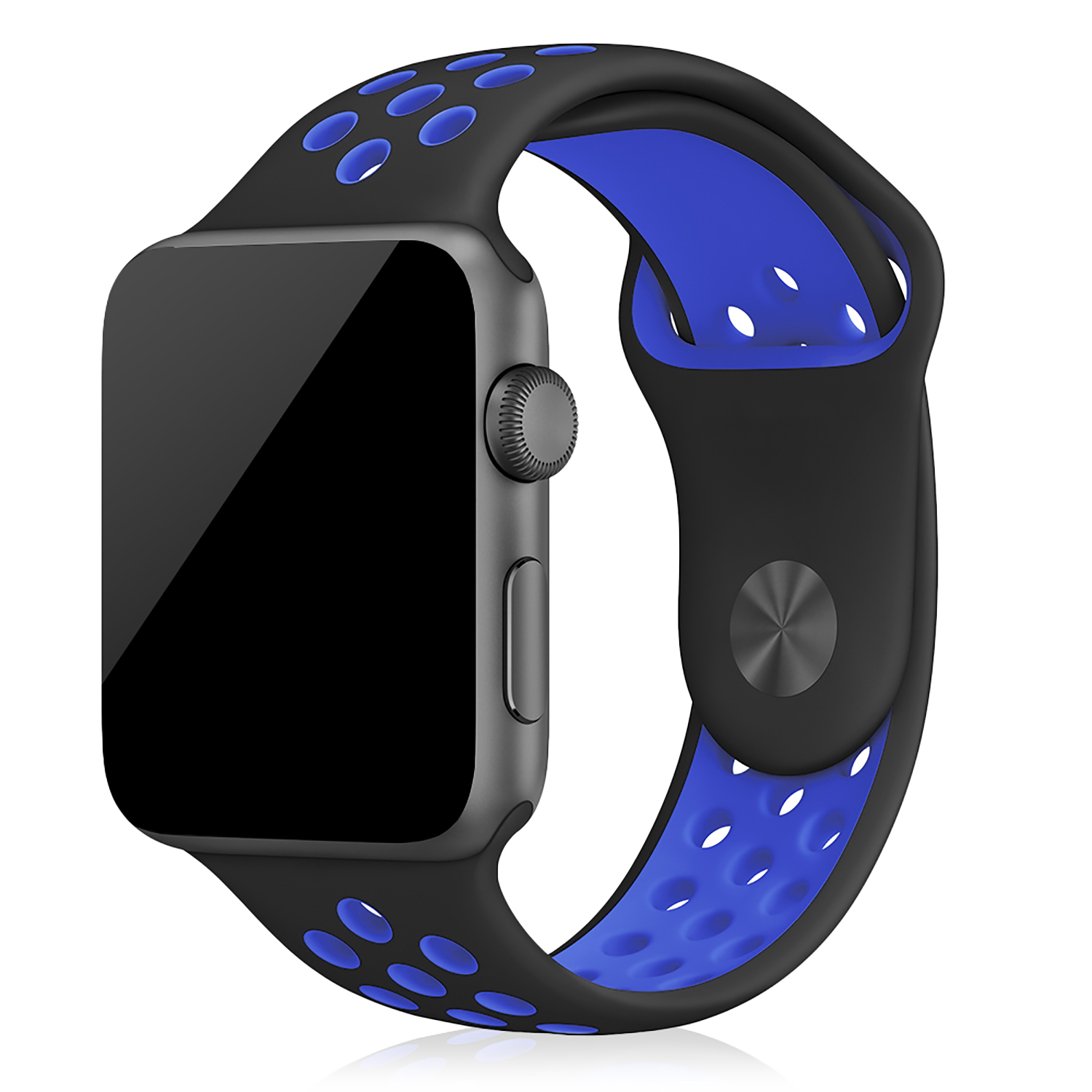 Apple Watch nero con cinturino nero e blu. Il quadrante è nero con display digitale.