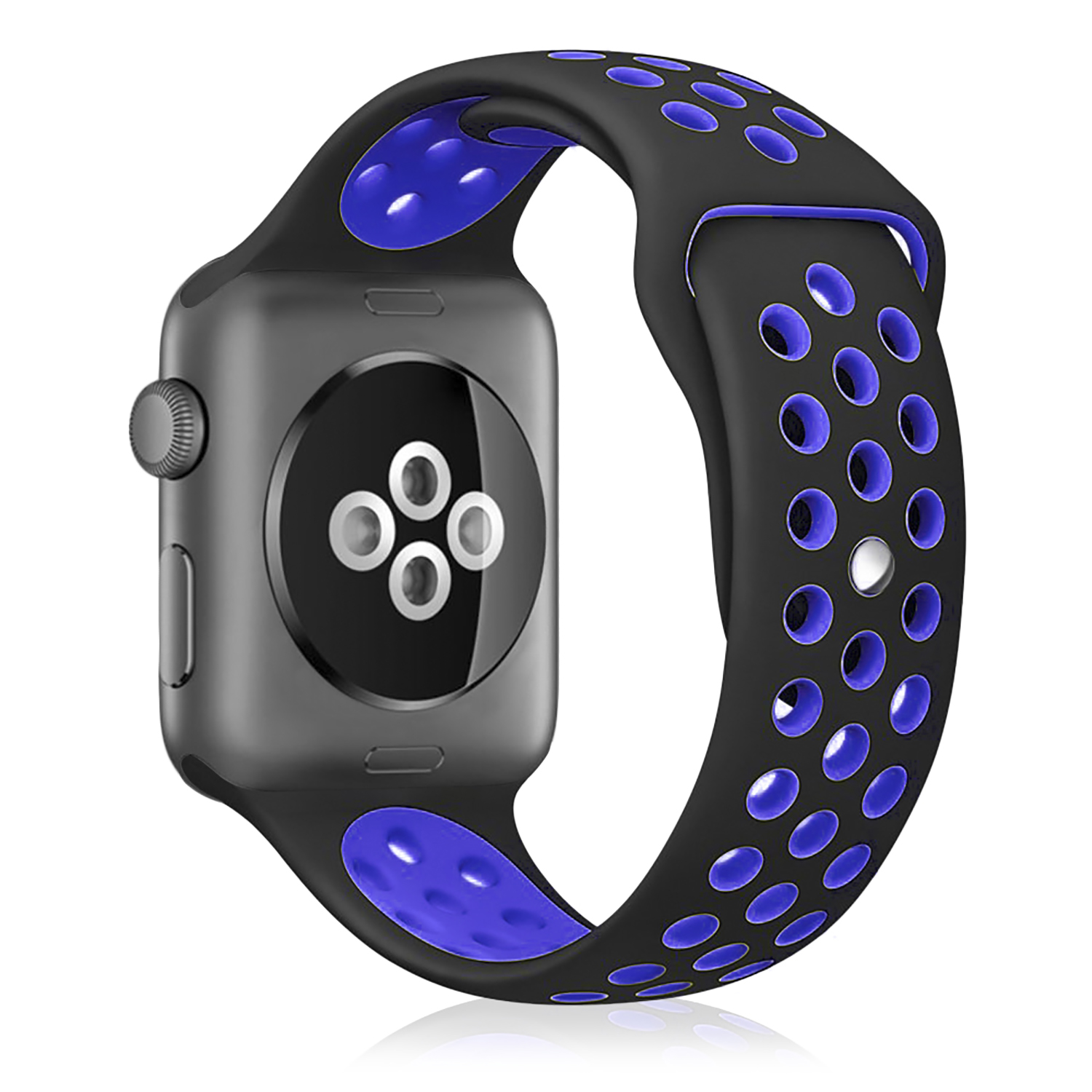 Smartwatch nero con cinturino blu con fori su sfondo bianco.
