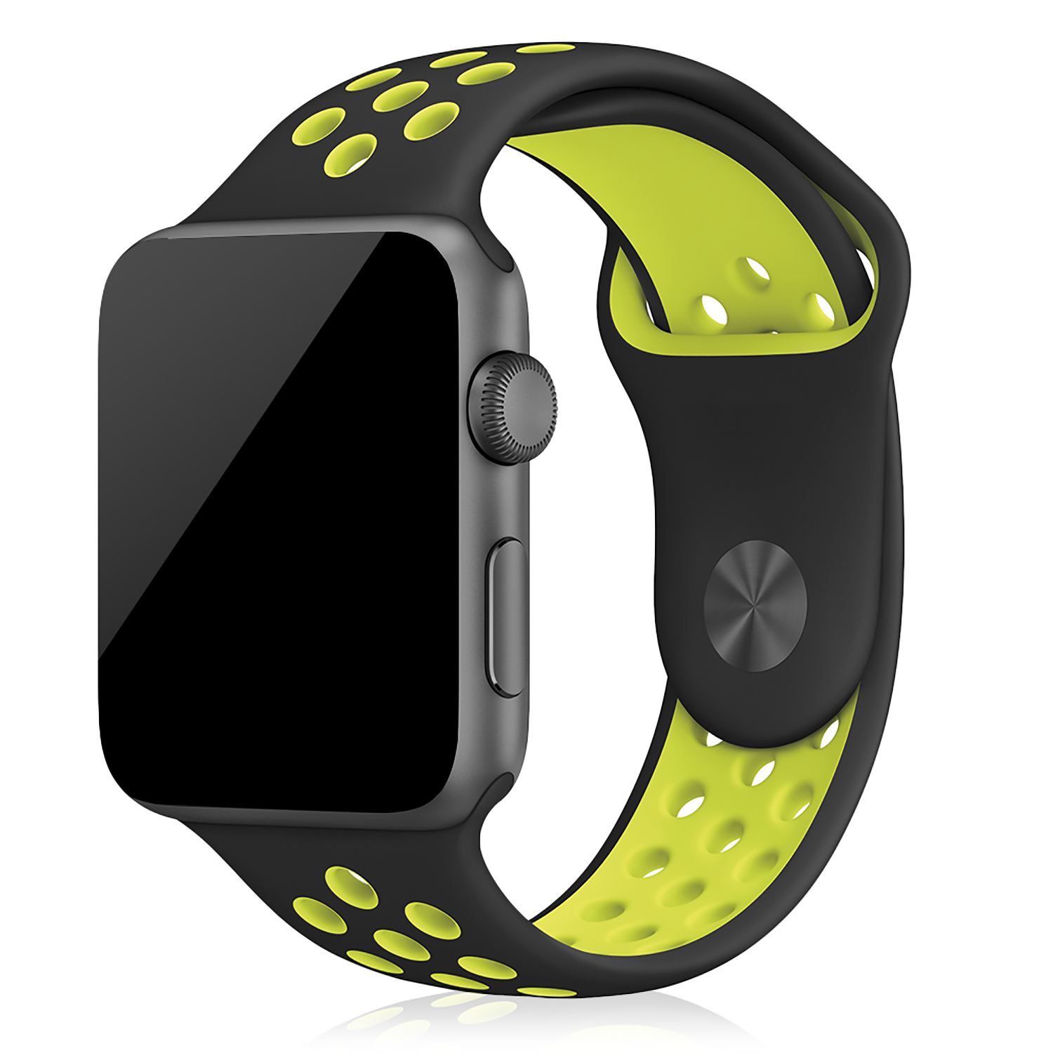 Apple Watch con cinturino nero, dettagli verdi e schermo nero.
