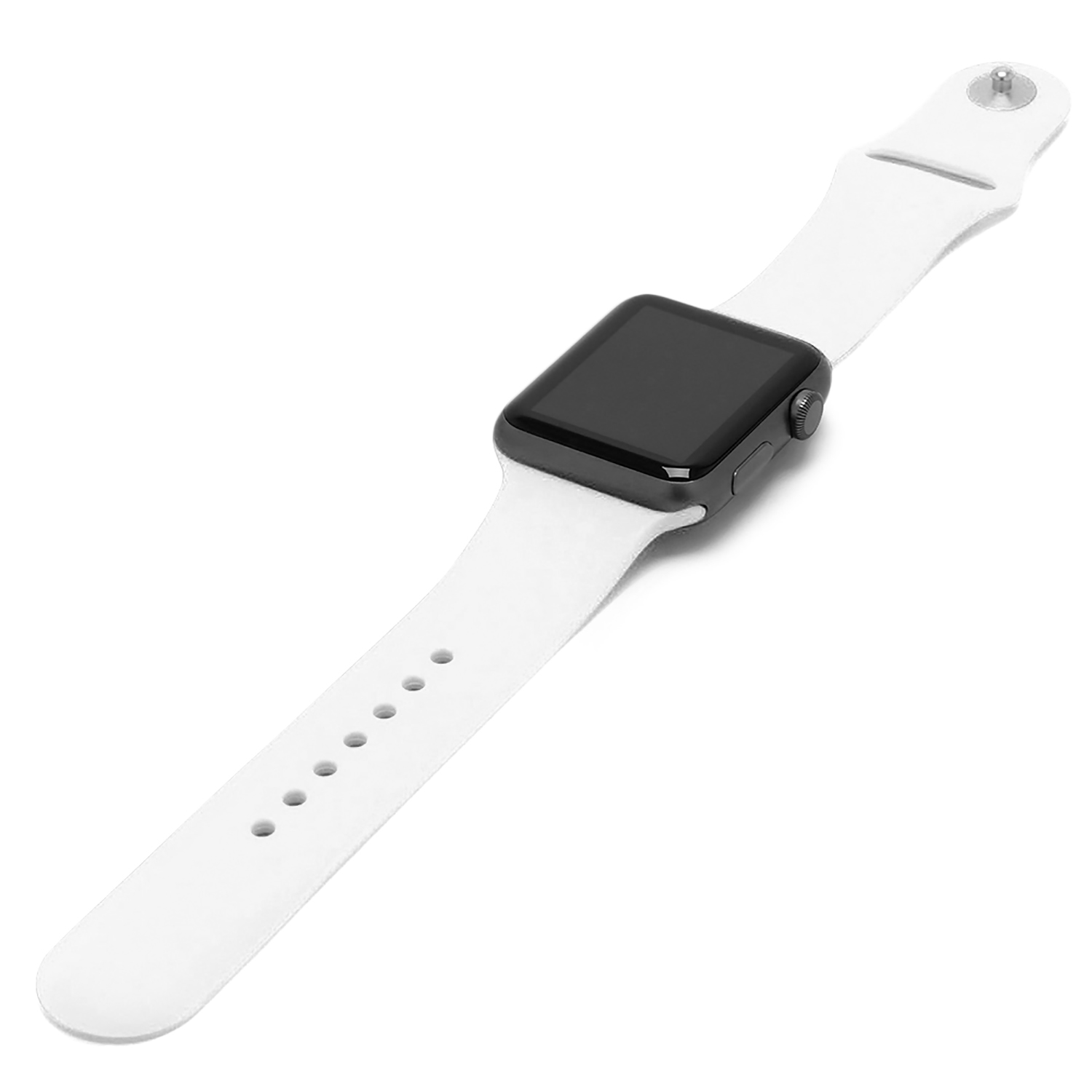 Apple Watch con cinturino bianco, su sfondo bianco.