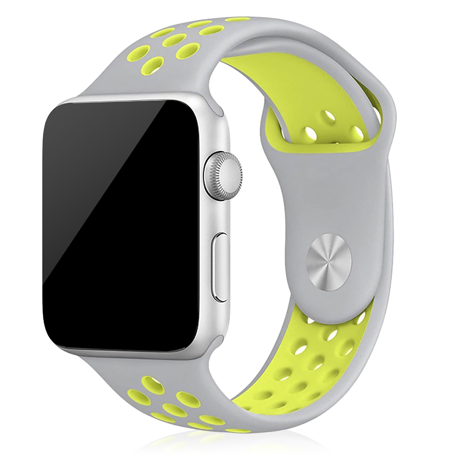 Un Apple Watch argento con cinturino sportivo grigio e verde lime.