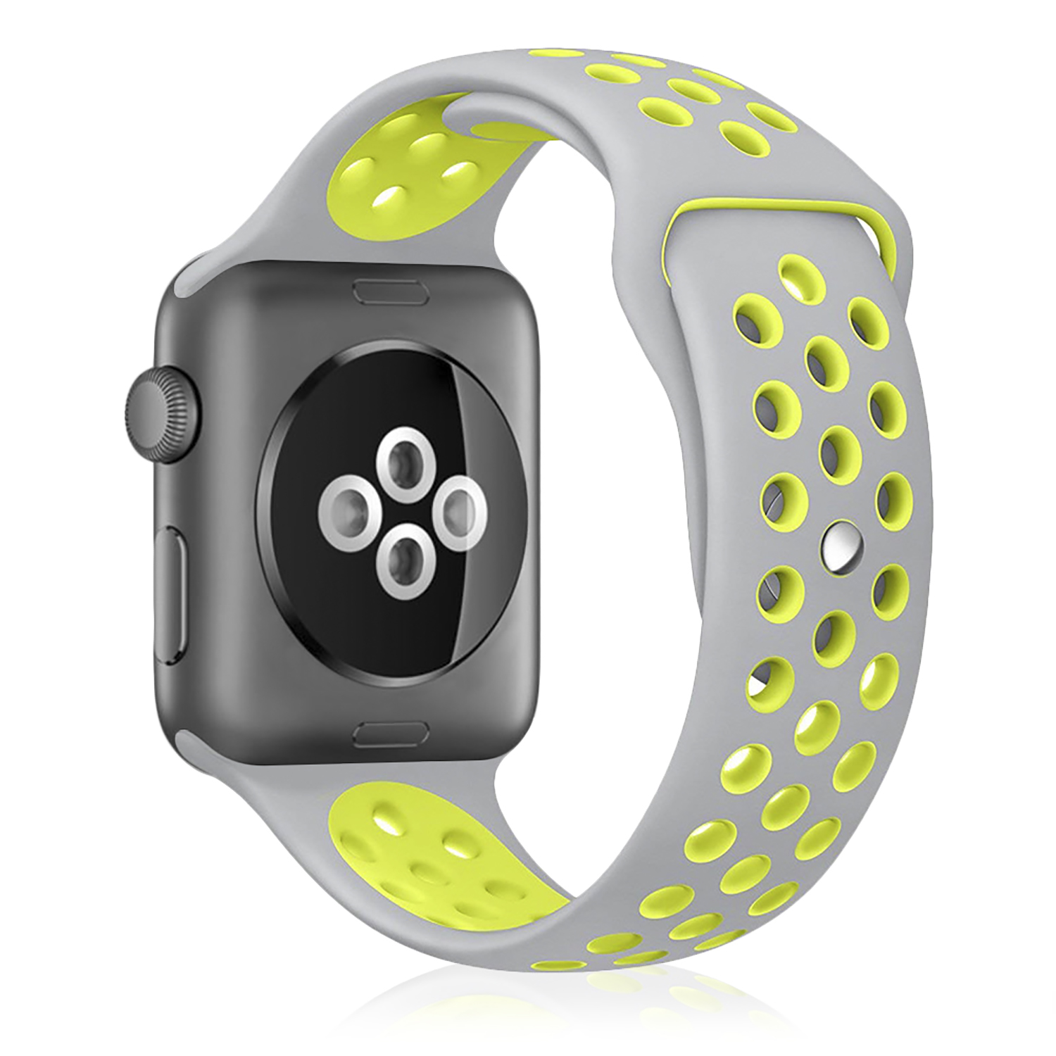 Cinturino grigio e verde neon con perforazioni circolari, attaccato a un orologio.