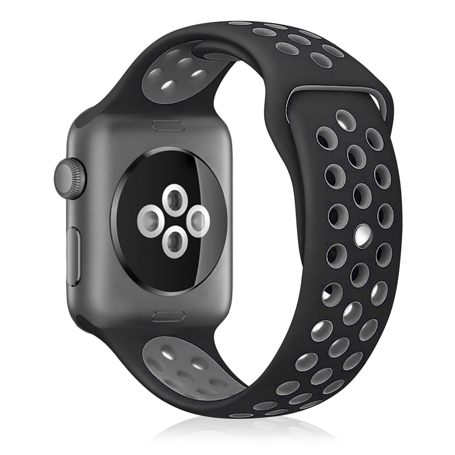 Apple Watch nera e grigia con cinturino nero con fori.