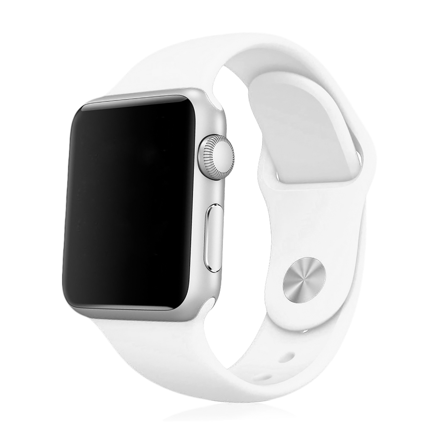 Uno smartwatch bianco con schermo nero e cinturino bianco.