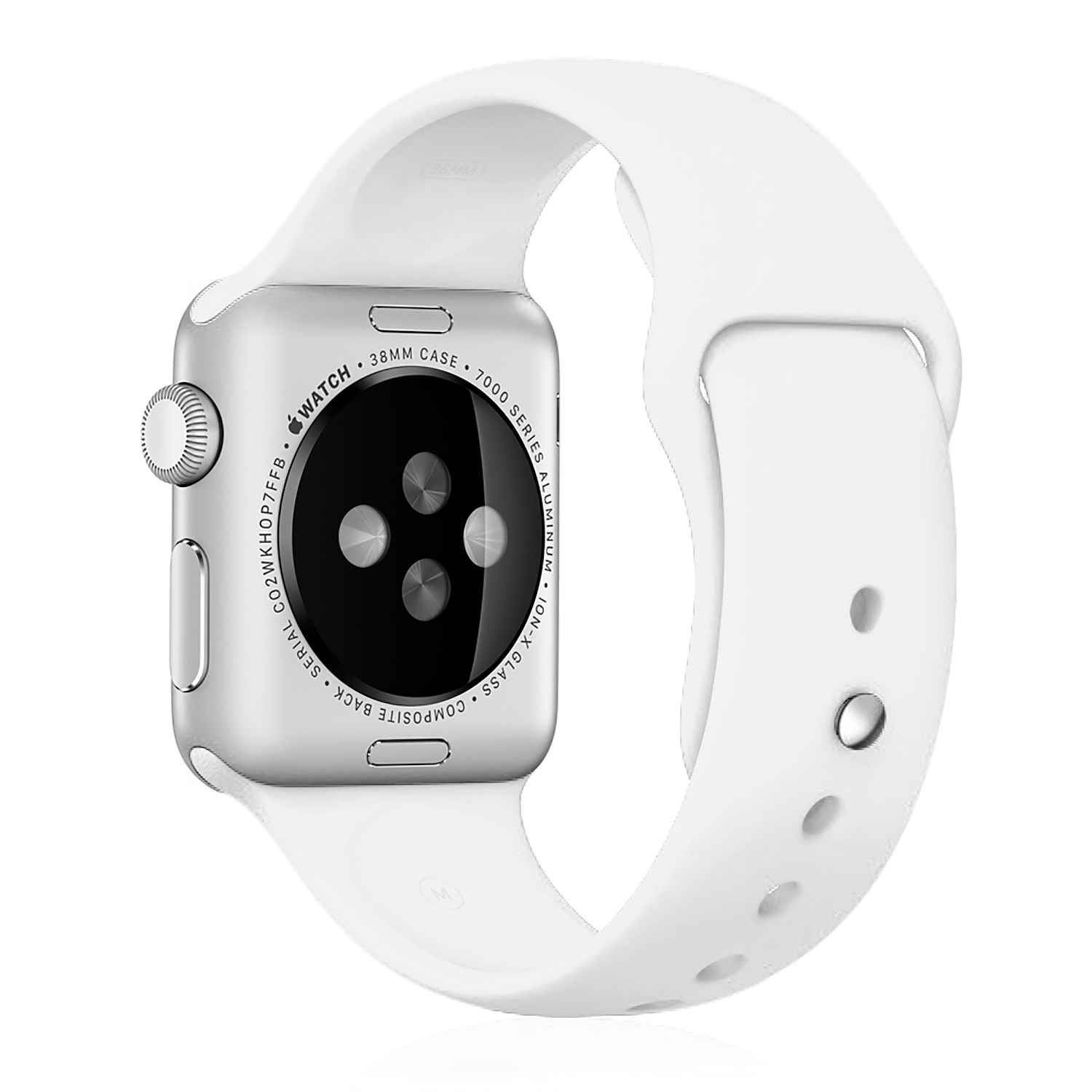 Un Apple Watch argento con cinturino bianco, mostra il retro su sfondo bianco.