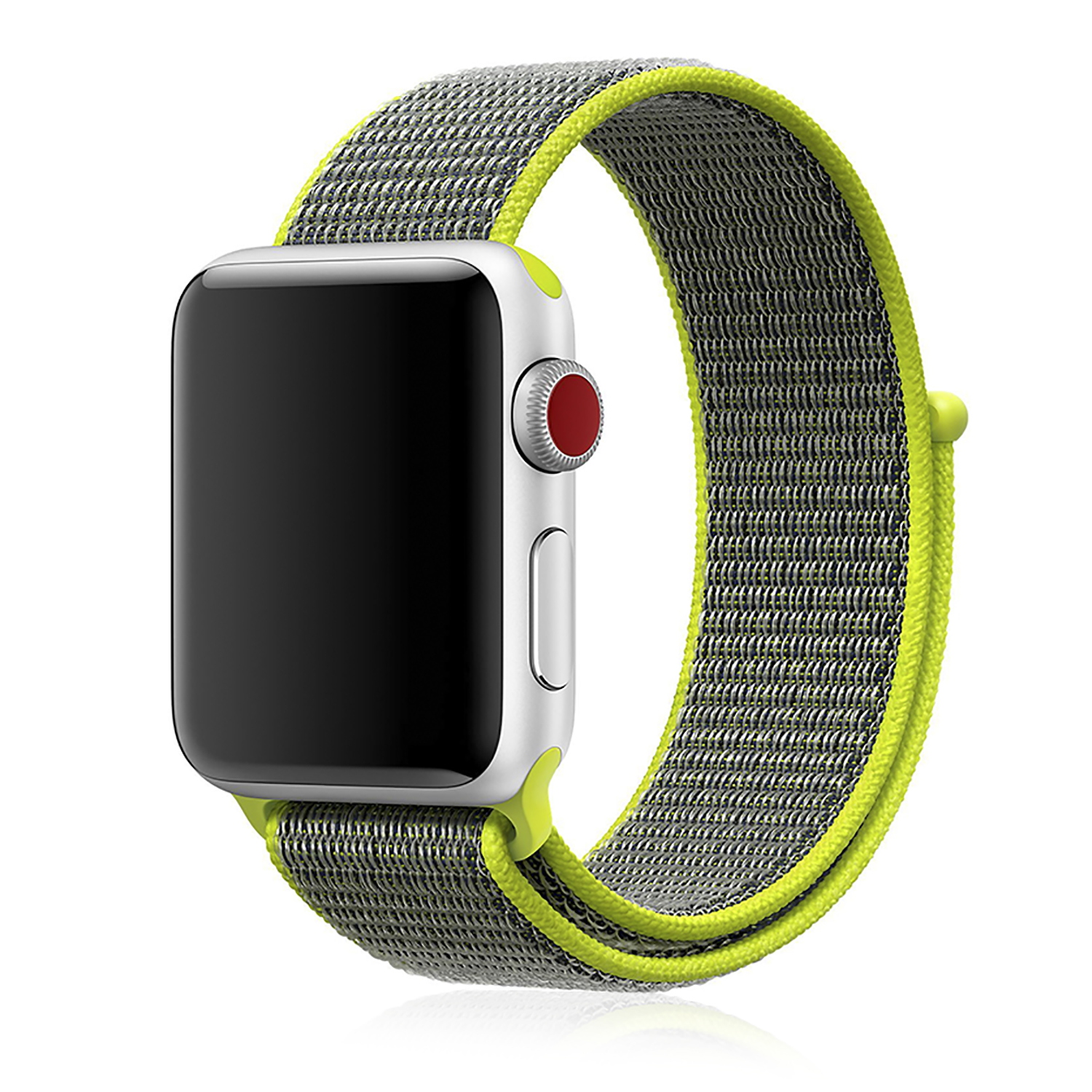 Un Apple Watch al polso con un cinturino verde e grigio.