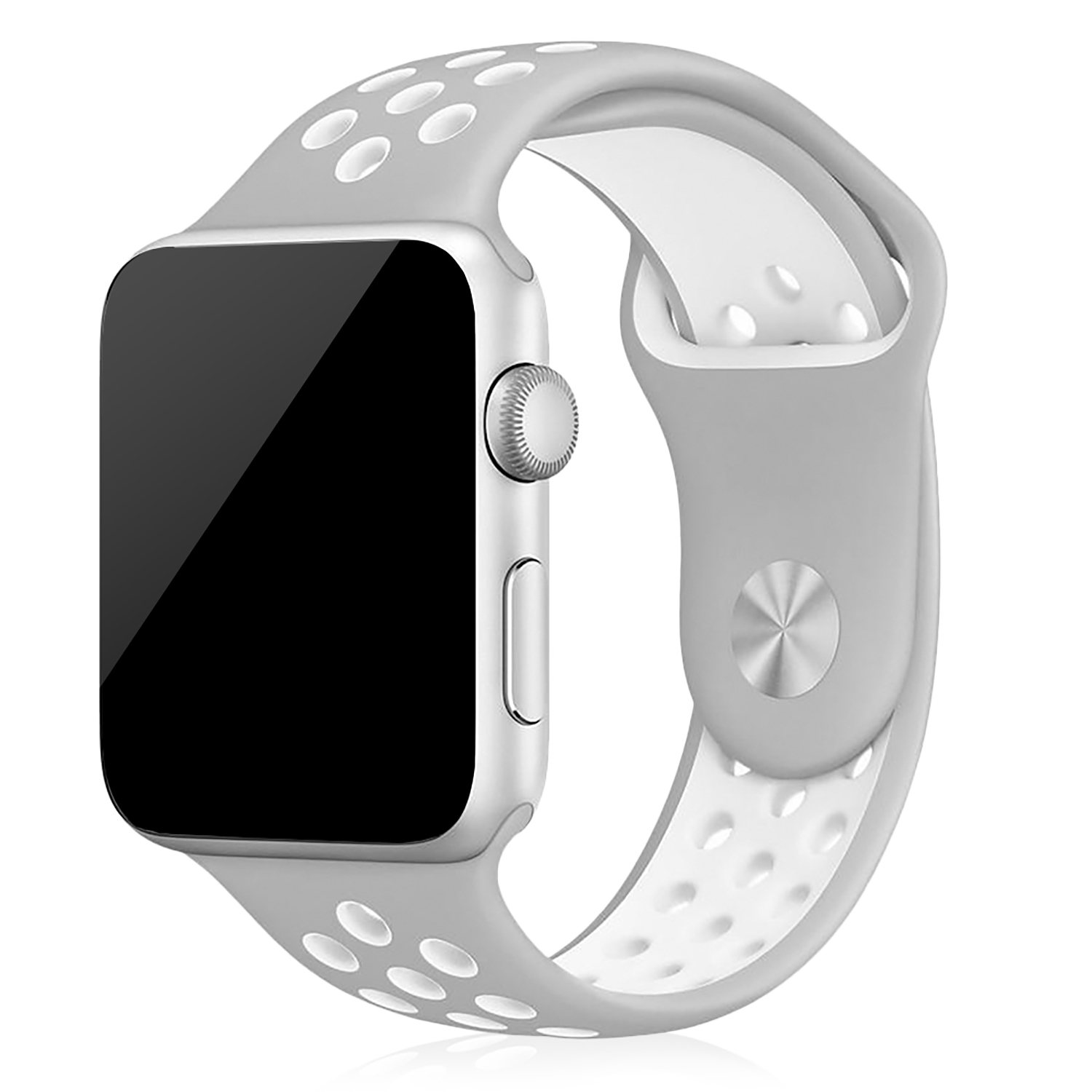 Smartwatch argento con cinturino grigio con perforazioni bianche.
