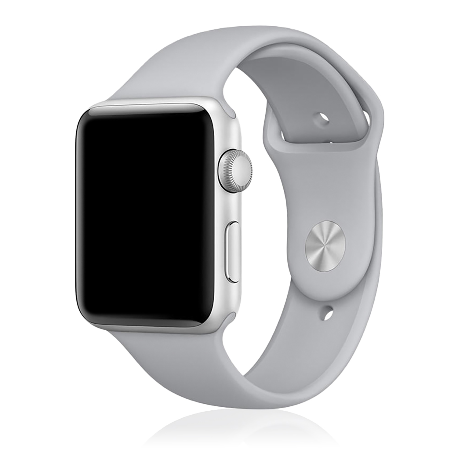 Apple Watch con cinturino grigio su superficie bianca.