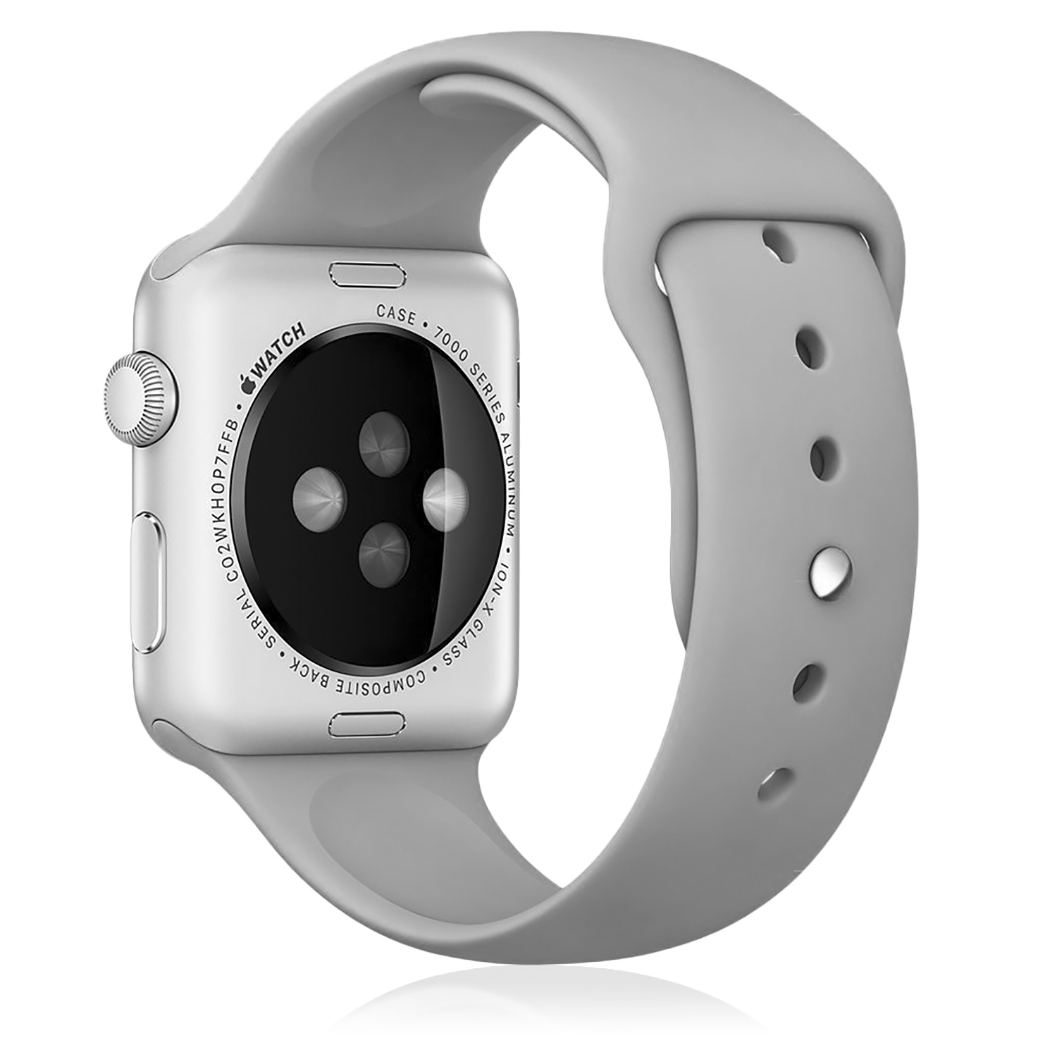 Apple Watch argento con cinturino grigio. Retro visibile.