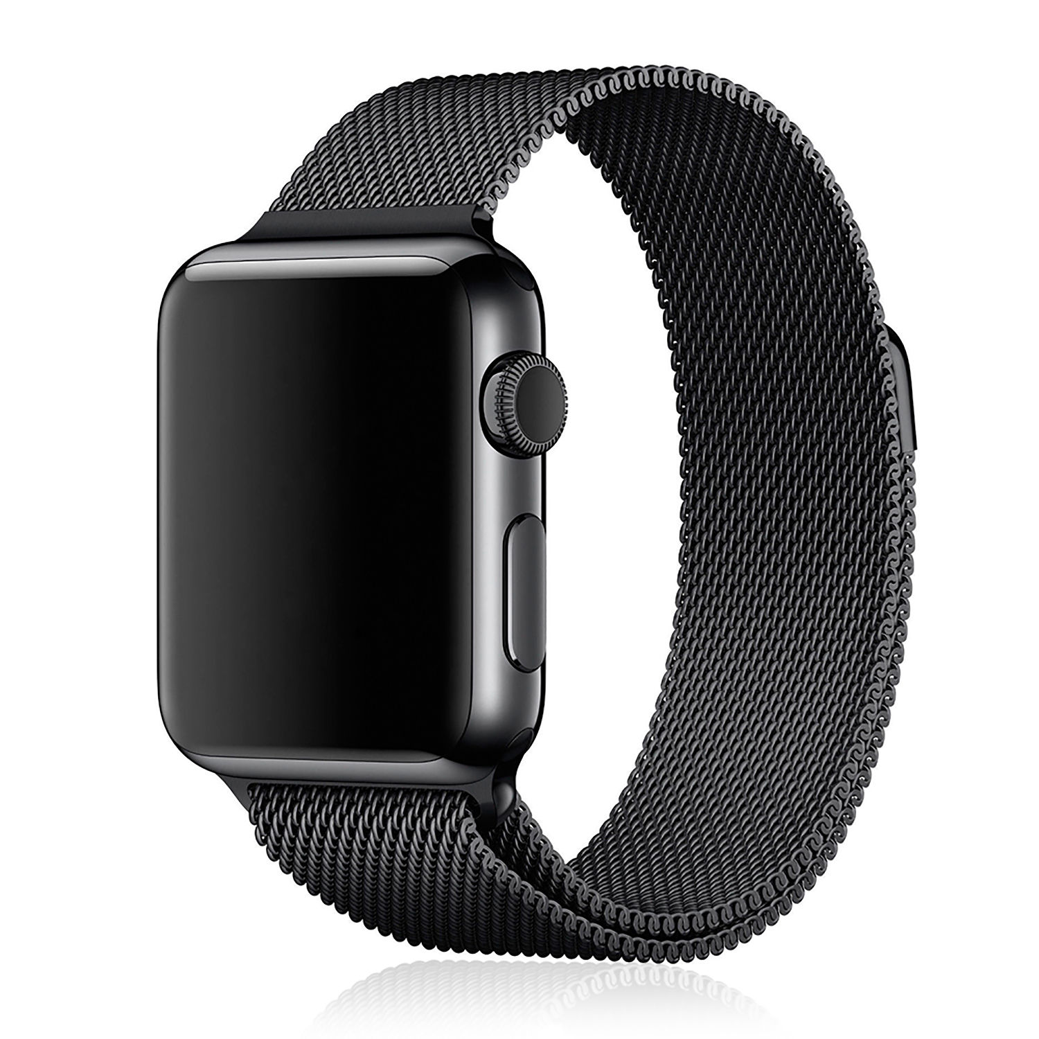 Apple Watch nera con cinturino a rete nero. L'orologio e il cinturino sono neri e lucenti.