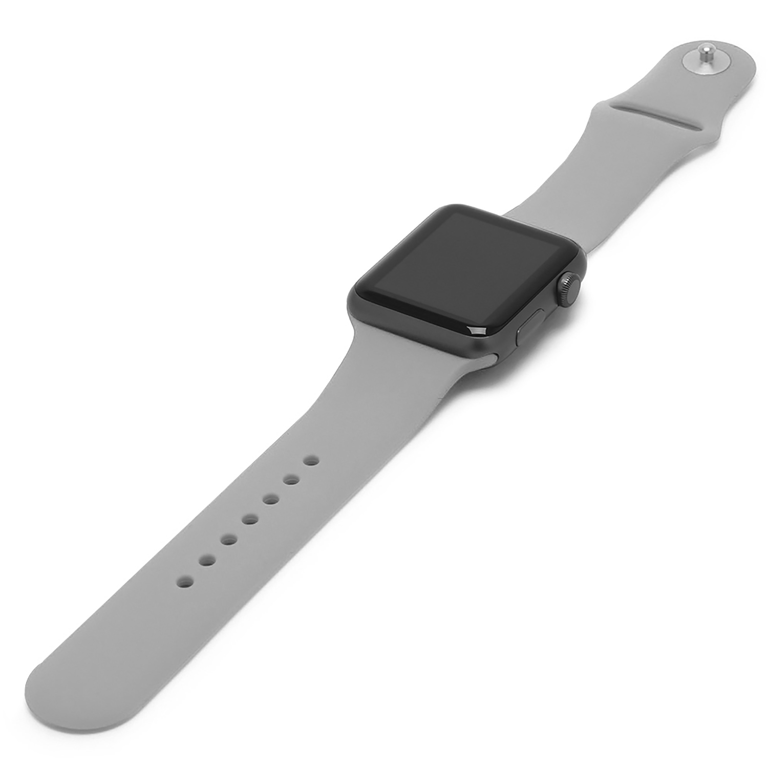 Un Apple Watch grigio con cinturino grigio, schermo nero e un pulsante laterale. Sfondo bianco.