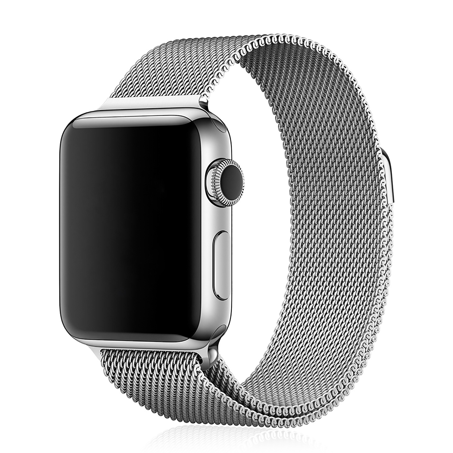 Apple Watch con cinturino in maglia d'argento su sfondo bianco.