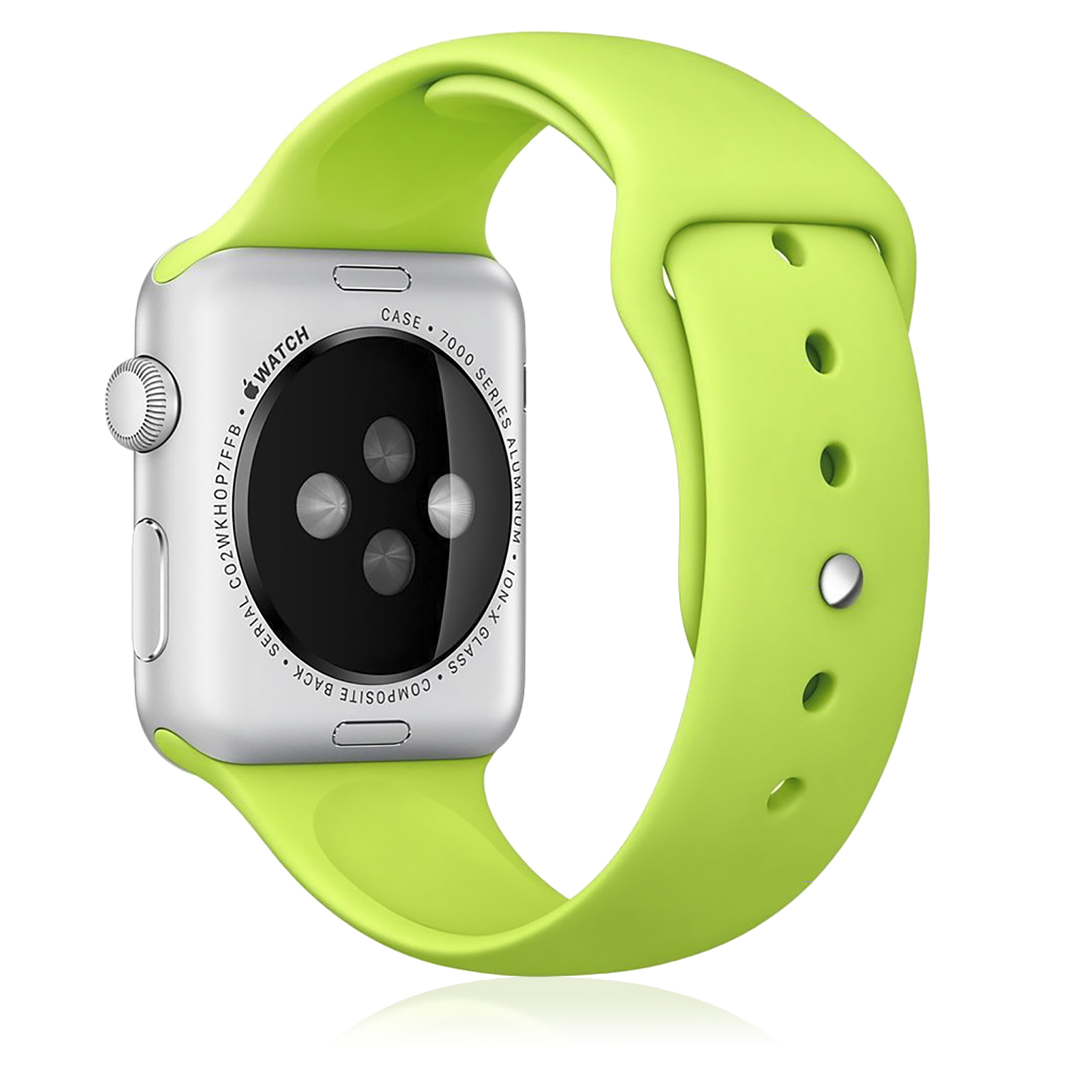 Un Apple Watch argentato con cinturino verde. Il retro dell'orologio è visibile.