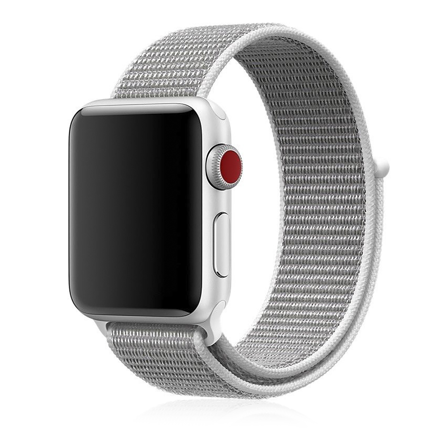 Apple Watch argento con cinturino in tessuto grigio e pulsante rosso laterale.
